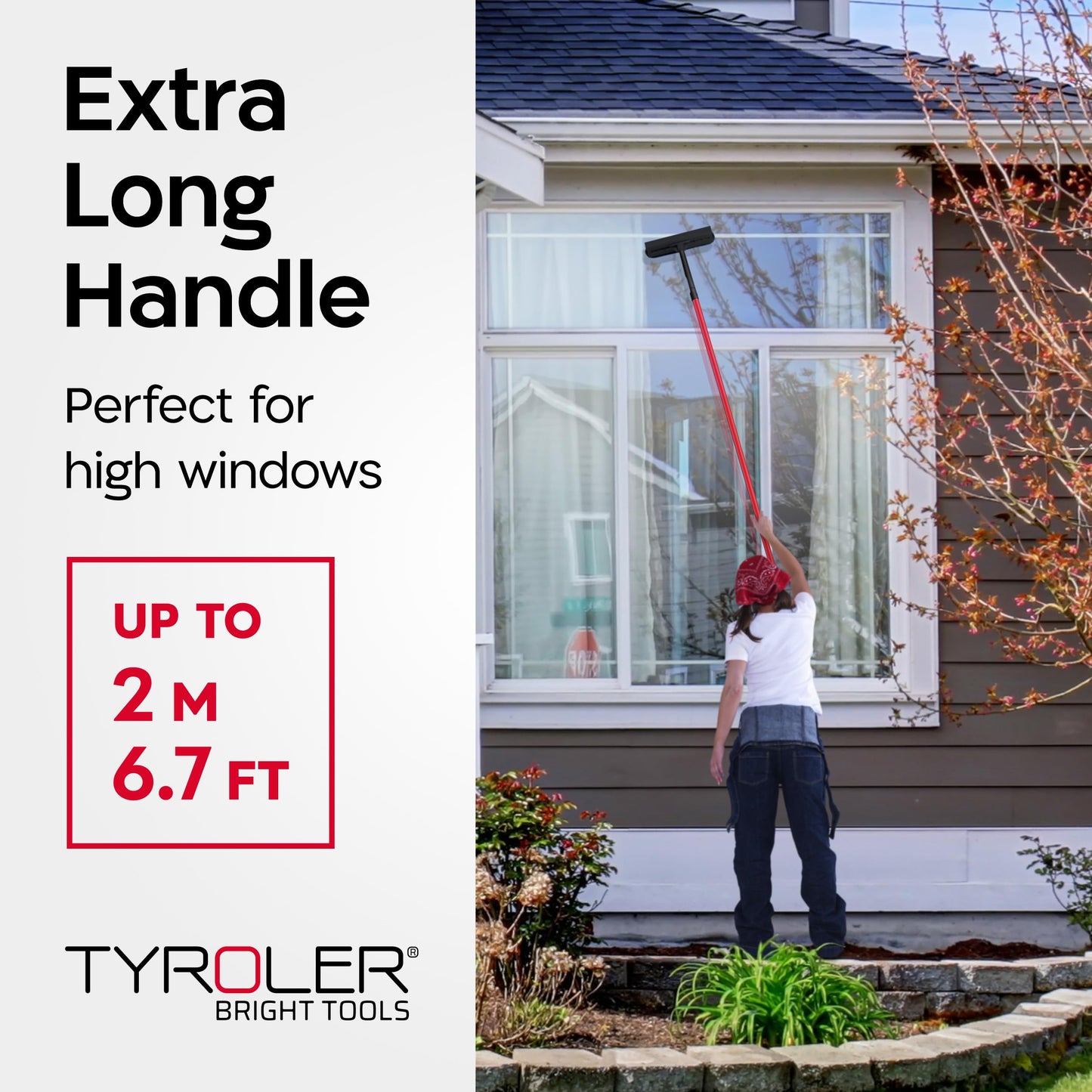 Tyroler 2-in-1 High Window Cleaning Tool | Window Squeegee Extendable with 30-205CM 5 Part Handle | Perfect Window Cleaning & Washing Kit (Black - Rubber)