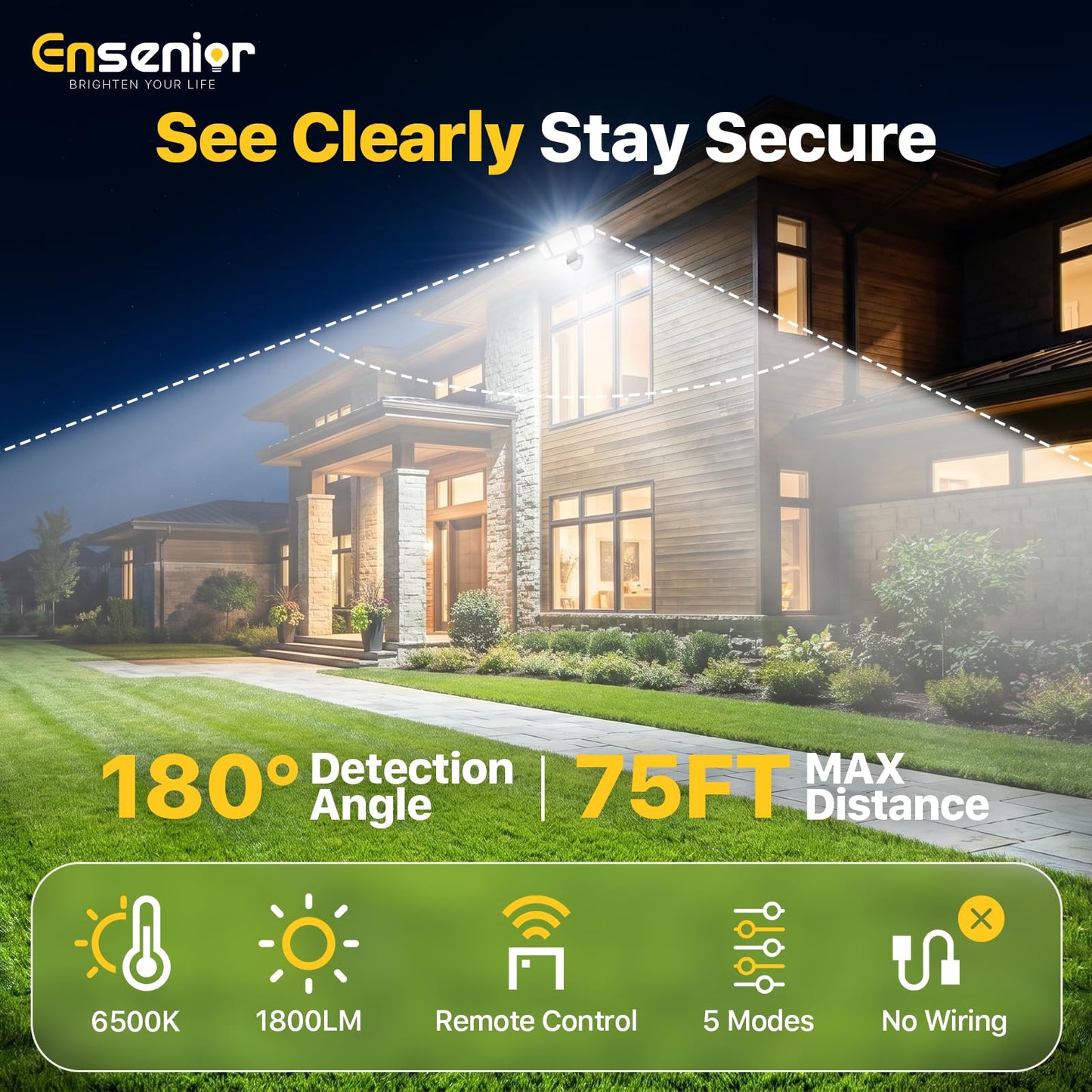 Ensenior 5 Motion Sensor Modes Solar Security Light, 1800LM 270° Wide Angle 3 Heads LED Flood Lights, IP65 Waterproof Wall Lights, Separate Solar Panel Remote Control Solar Lights Outdoor（Black）