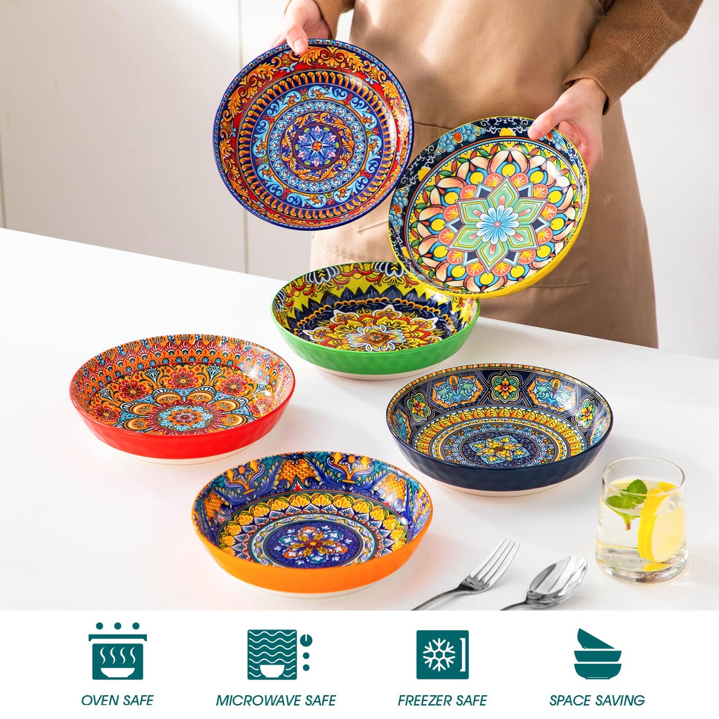 vancasso 32 Oz Pasta Bowls Sets of 6, Ceramic Large Colorful Salad Serving Bowls for Kitchen, Dishwasher & Microwave Safe, Pasta Plates, Dishwasher & Microwave Safe, Series KRVI