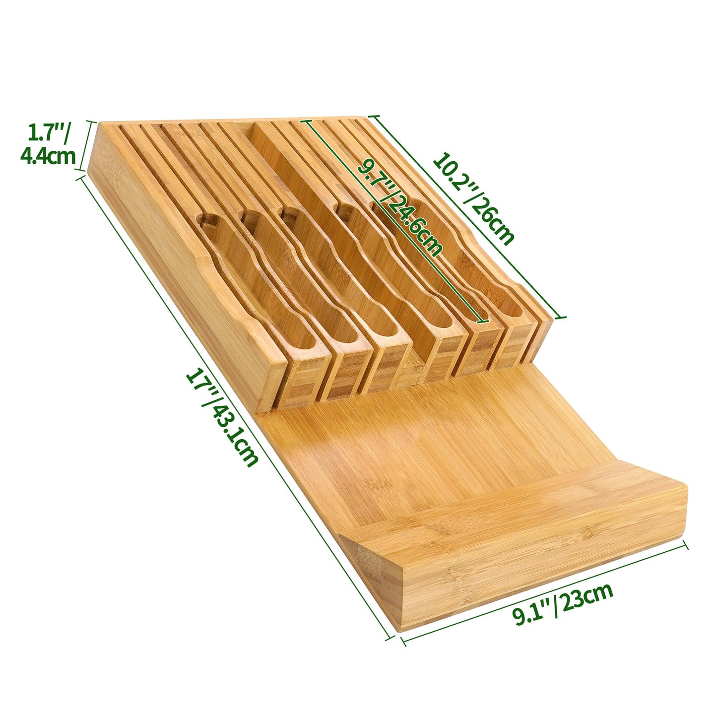 VaeFae Bamboo Knife Drawer Organizer Insert, Kitchen Drawer Knife Block for 12 Knives and a Plus Slot for Your Knife Sharpener (Without Knives)