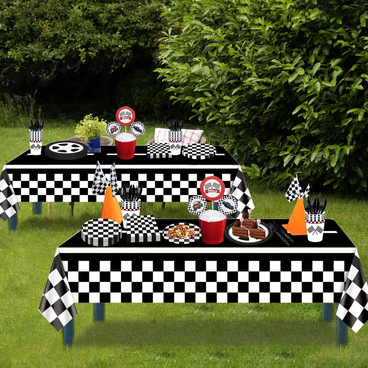 Poqirzan 146PCS Race Car Party Tableware Set Racing Car Plates and Napkins Party Supplies Black and White Checkered Race Car Birthday Party Decorations Car Tablecloth Paper Plates Napkins Set Serve 24