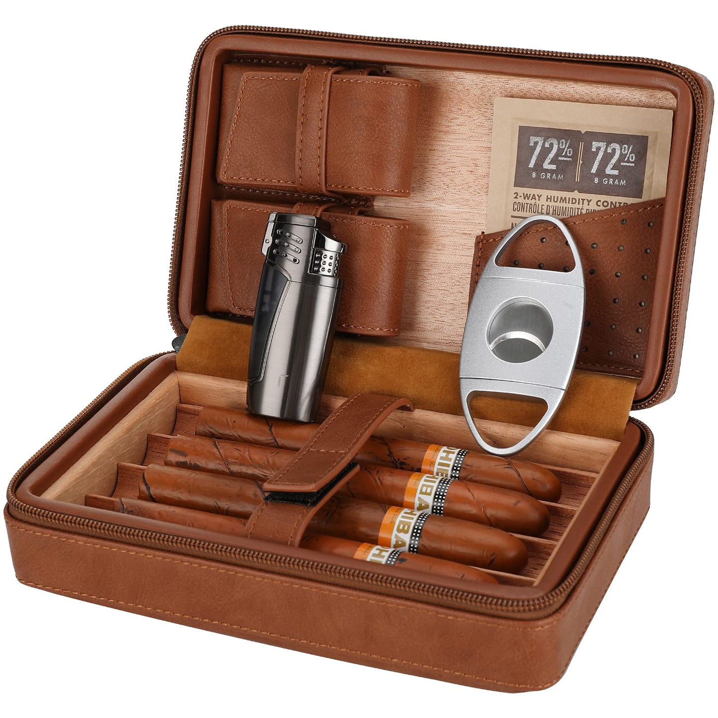 CiTree Cigar Travel Humidor, Cedar Wood Leather Cigar Case with Cigar Accessories Gift Set, Brown