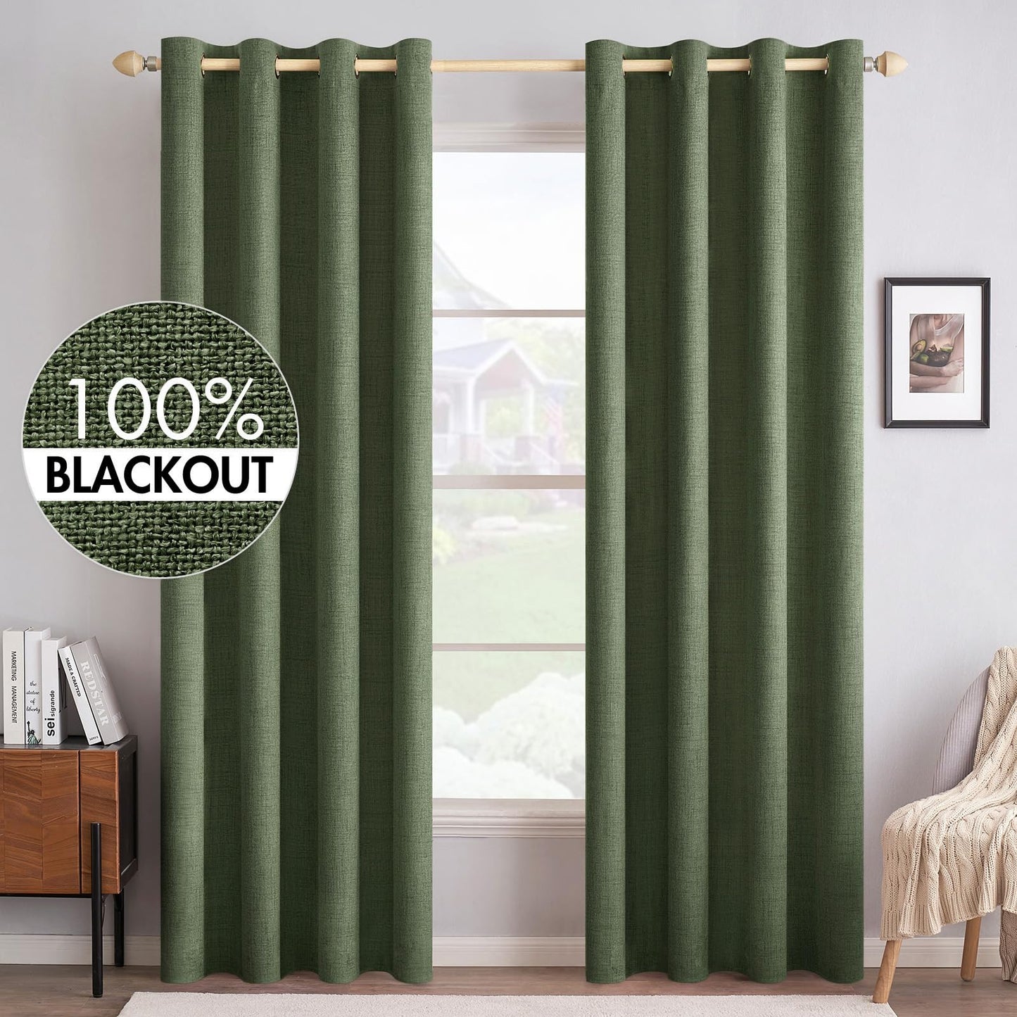 MIULEE 100% Blackout Linen Curtains for Bedroom Thermal Insulated Grommet Room Darkening Curtains & Drapes for Living Room Nursery, Olive Green, 52W x 84L inch (2 Panels)