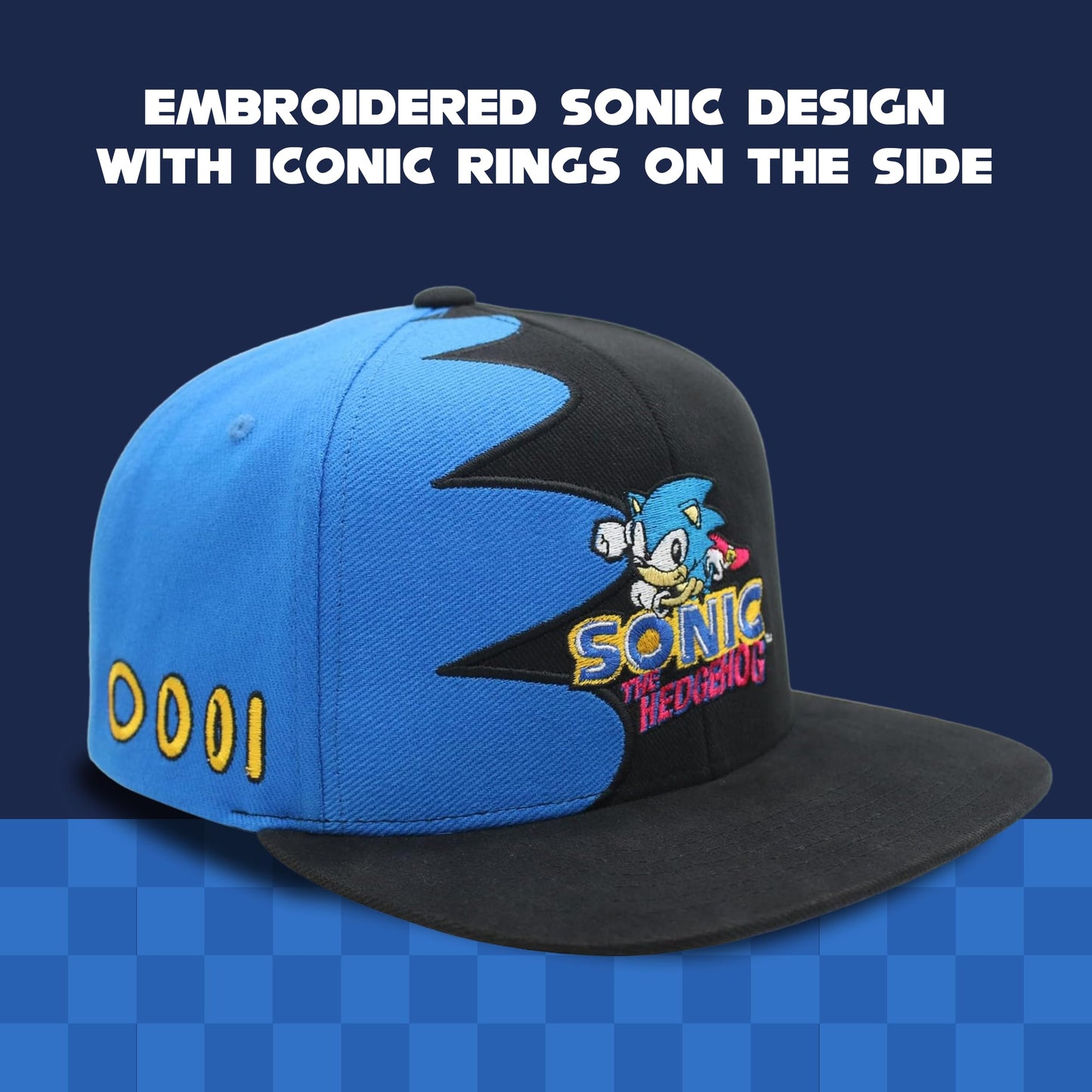 Concept One Sonic The Hedgehog Snapback Cap, Adjustable Snapback with Flat Brim, Black, Black, One Size