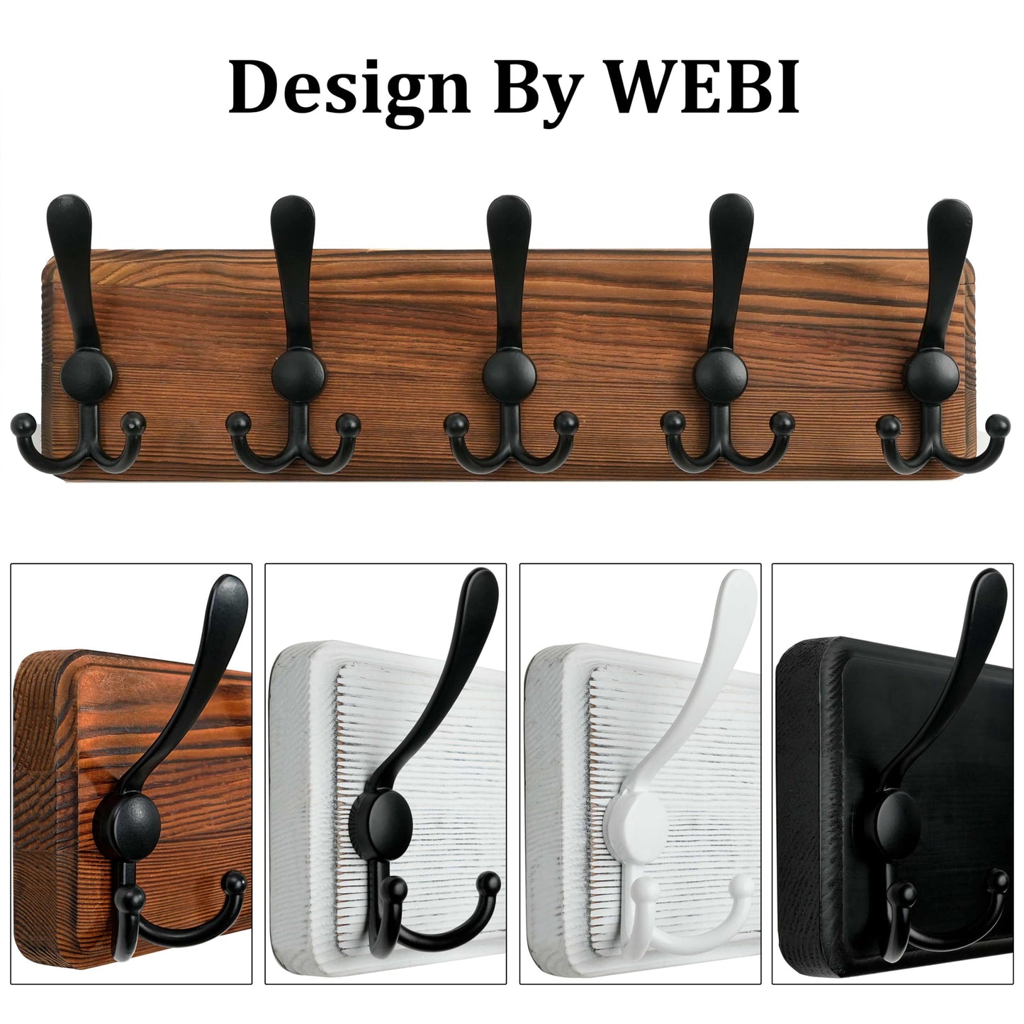 WEBI Coat Rack Wall Mount,Coat Hooks Wall Mounted,16'' Hole to Hole,Wood Coat Hanger Wall,Hook Rack Rail,5 Triple Hooks for Hanging Coats,Jacket,Clothes