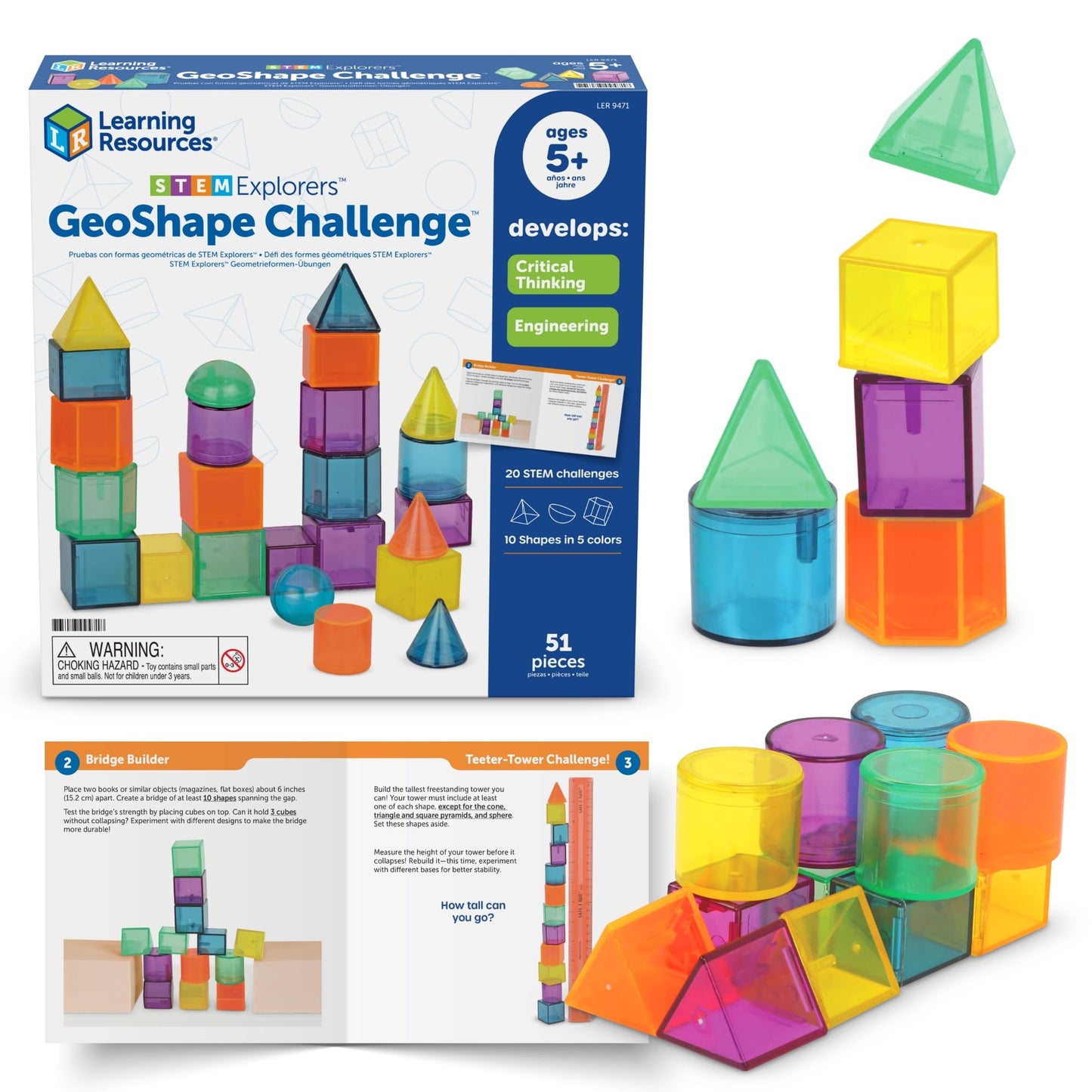 Learning Resources STEM Explorers GeoShape Challenge - 3D Geometry School Shapes, Montessor Math Manipulatives, Critical Thinking, STEM Homeschool, Classroom Must Haves, Teacher Supplies