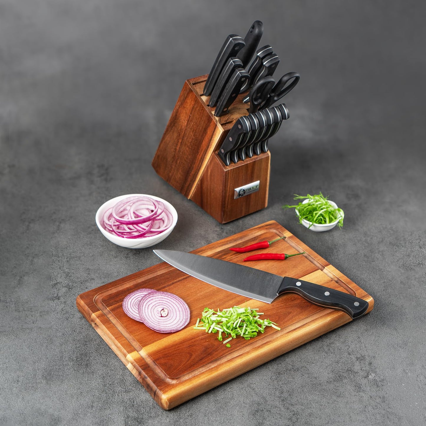 Knife Block with Kitchen Knives Set and Wood Cutting Board with Groove, Stainless Steel Knife for Kitchen Chef Knife Set and Steak Knives Set of 6 with Wood Block (16 Pieces)