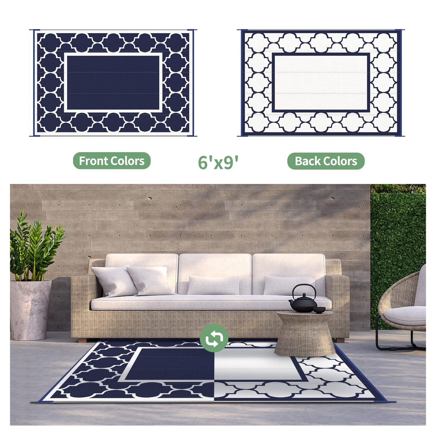 GENIMO Outdoor Rug Waterproof for Patio Decor, Foldable Reversible Plastic Straw Area Rugs Mat for Camper, Outside Carpet for Rv, Deck, Porch, Picnic, Beach, Balcony