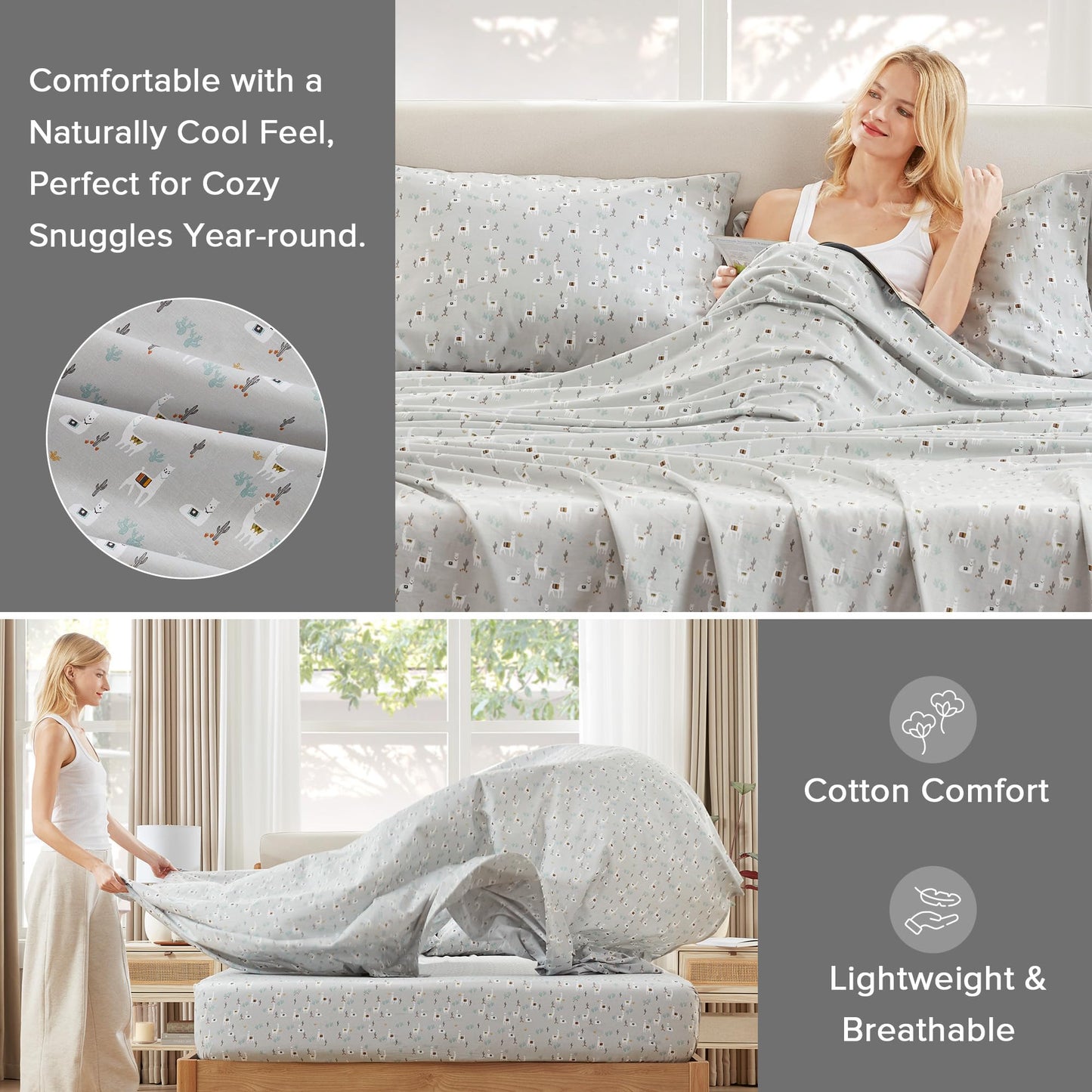 Comfort Spaces 100% Cotton Sheets Queen, Breathable, Naturally Cool Cotton Sheets, Soft Cotton Bed Sheets with 14" Elastic Pocket Fits up to 16" Mattress, All Seasons Sheet Set, Lama Multi 4 Piece