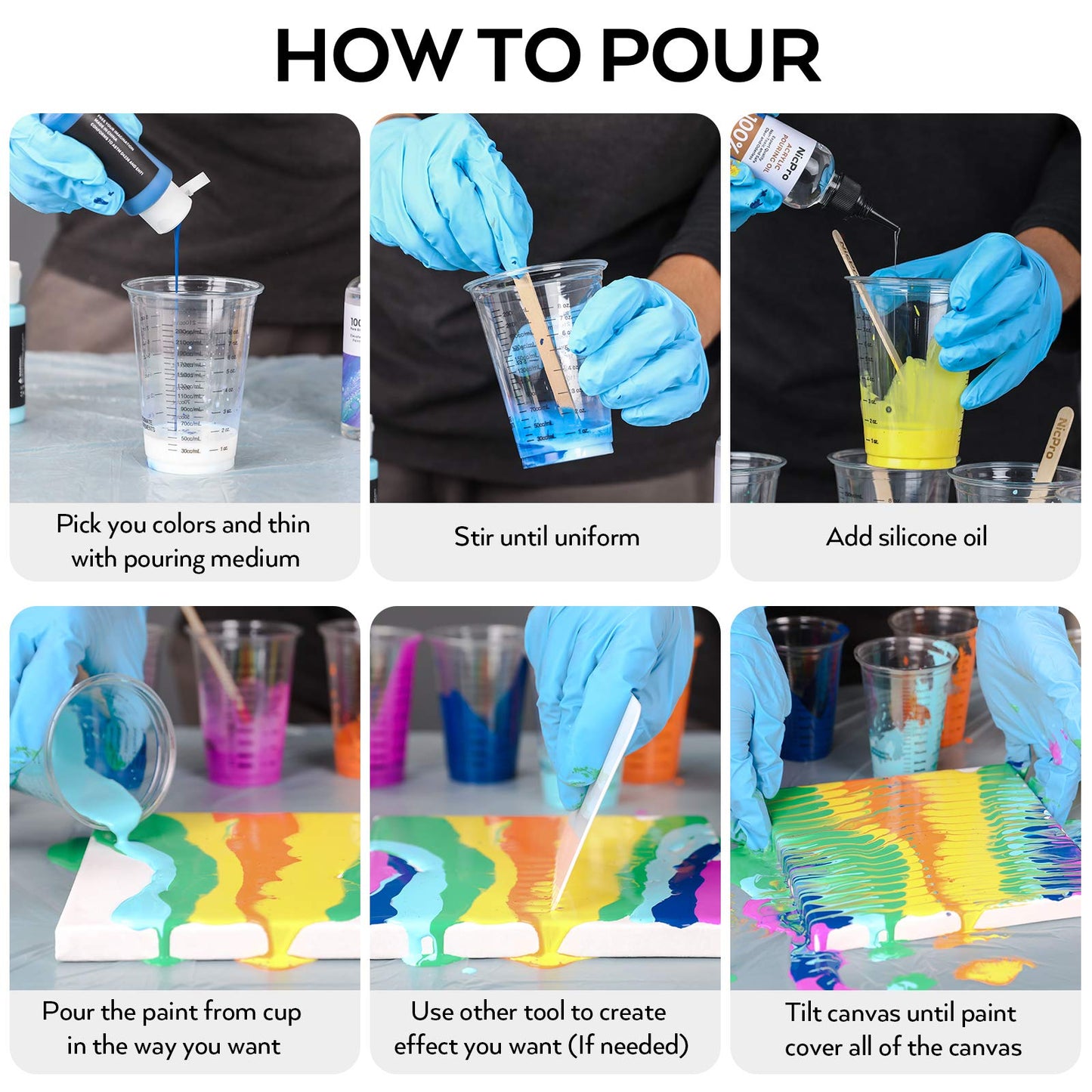 Nicpro 19 Colors Acrylic Painting Pouring Kit, Artist Starter Supplies Including 19 Colors Acrylic Paints,Pouring Medium, Silicone Oil, Canvases, Gloves, Strainers, Mixing Stick, Instructions for Flow DIY Painting