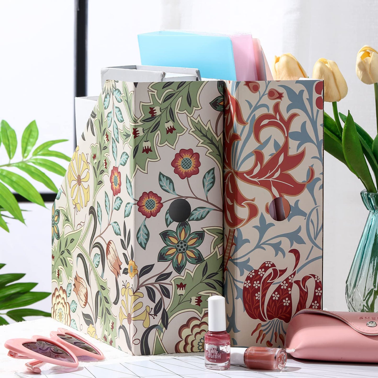 PerKoop 12 Pcs Decorative Magazine File Holders Floral Foldable File Folders Magazine Storage Boxes Rack Desk Organizer Documents with Printable Labels for School Office Home (Floral)