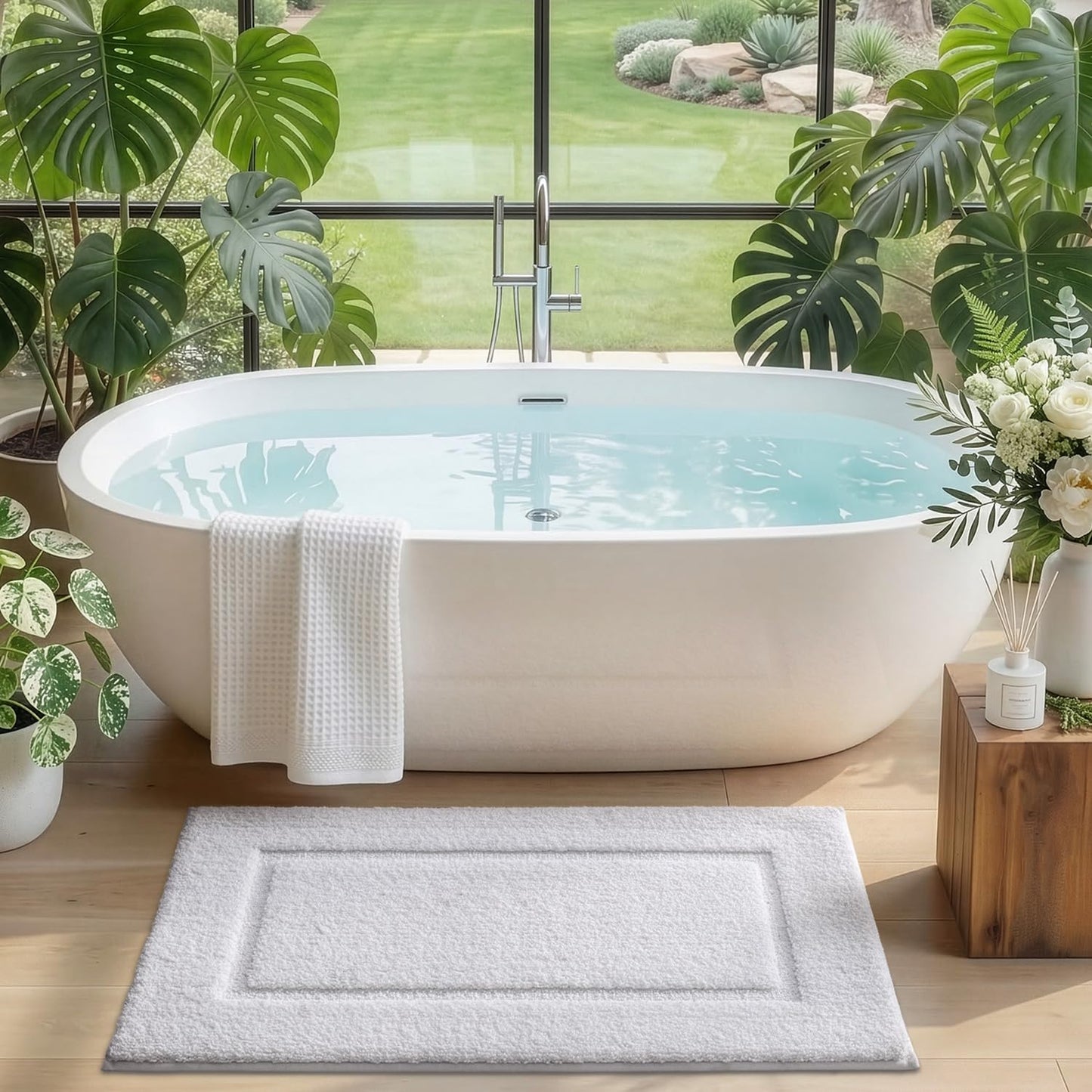 DEXI Bath Mat 20x32, Water Absorbent Microfiber Large Bathroom Rug with Non Slip Backing, Machine Washable Bathmat Shower Carpet for Floor, Tub, White
