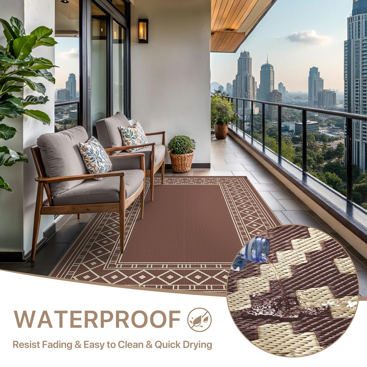 GENIMO 6'x9' Outdoor Rug for Patio, Reversible Plastic Waterproof RV Rugs, Clearance Large Mat, Porch, Camping, Picnic, Deck, Camper, Balcony, Coffee & Beige