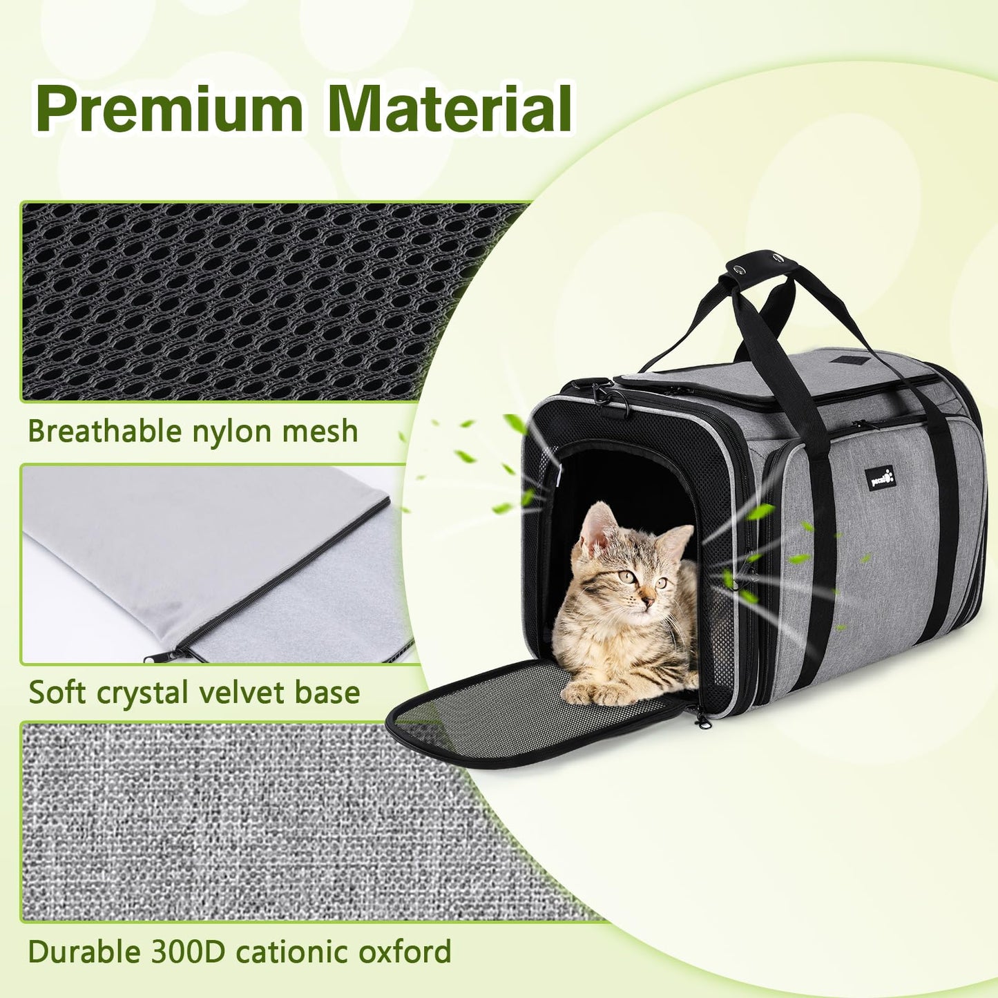 Pecute Cat Carrier Expandable 47x34x33cm, Dog Carrier Foldable, Pet Carrier with Breathable Mesh for Small to Medium Cats and Dogs, Used for Traveling, Camping, Going to The Vet Gray