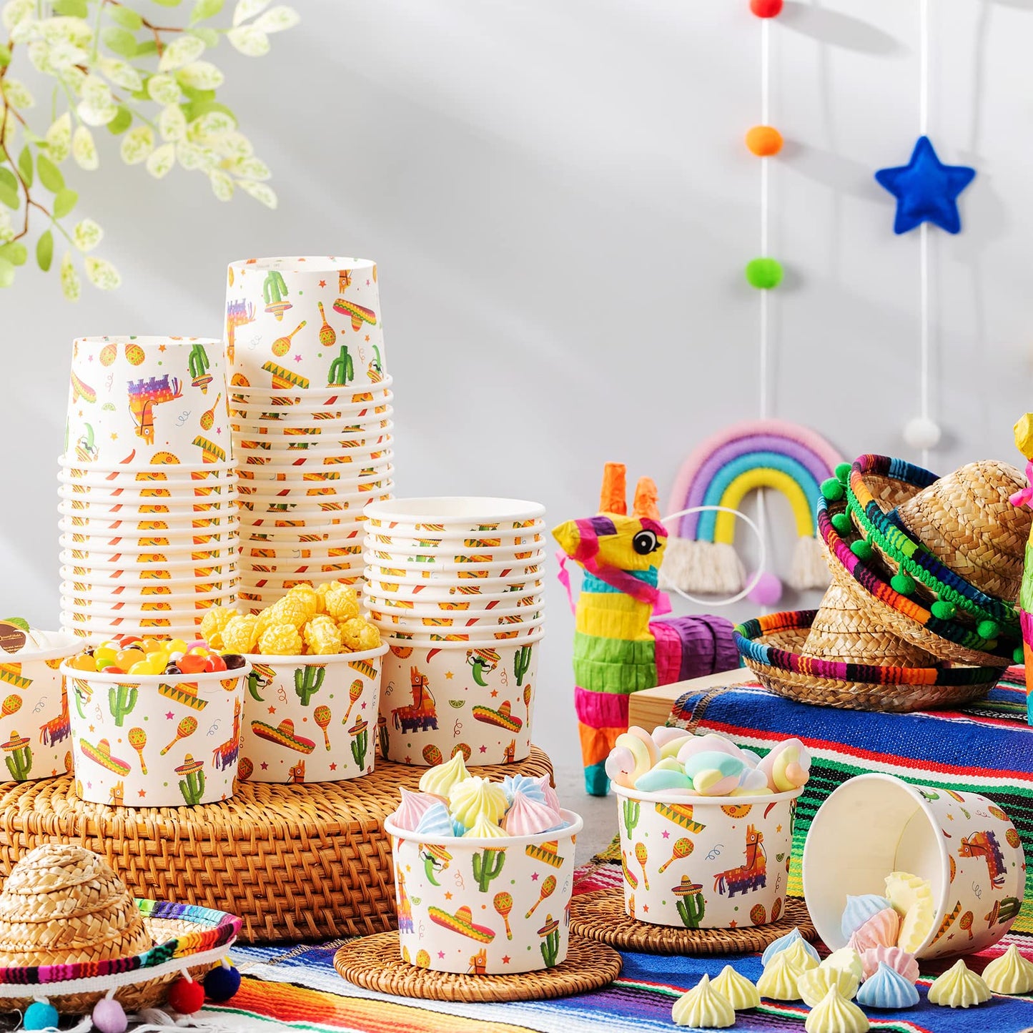 Sabary 60 Pieces Fiesta Ice Cream Cups 9 oz Disposable Dessert Bowls Paper Soup Bowls Mexican Snack Cups for Hot or Cold Food for Cinco De Mayo Mexican Birthday Party Decorations(Cactus)