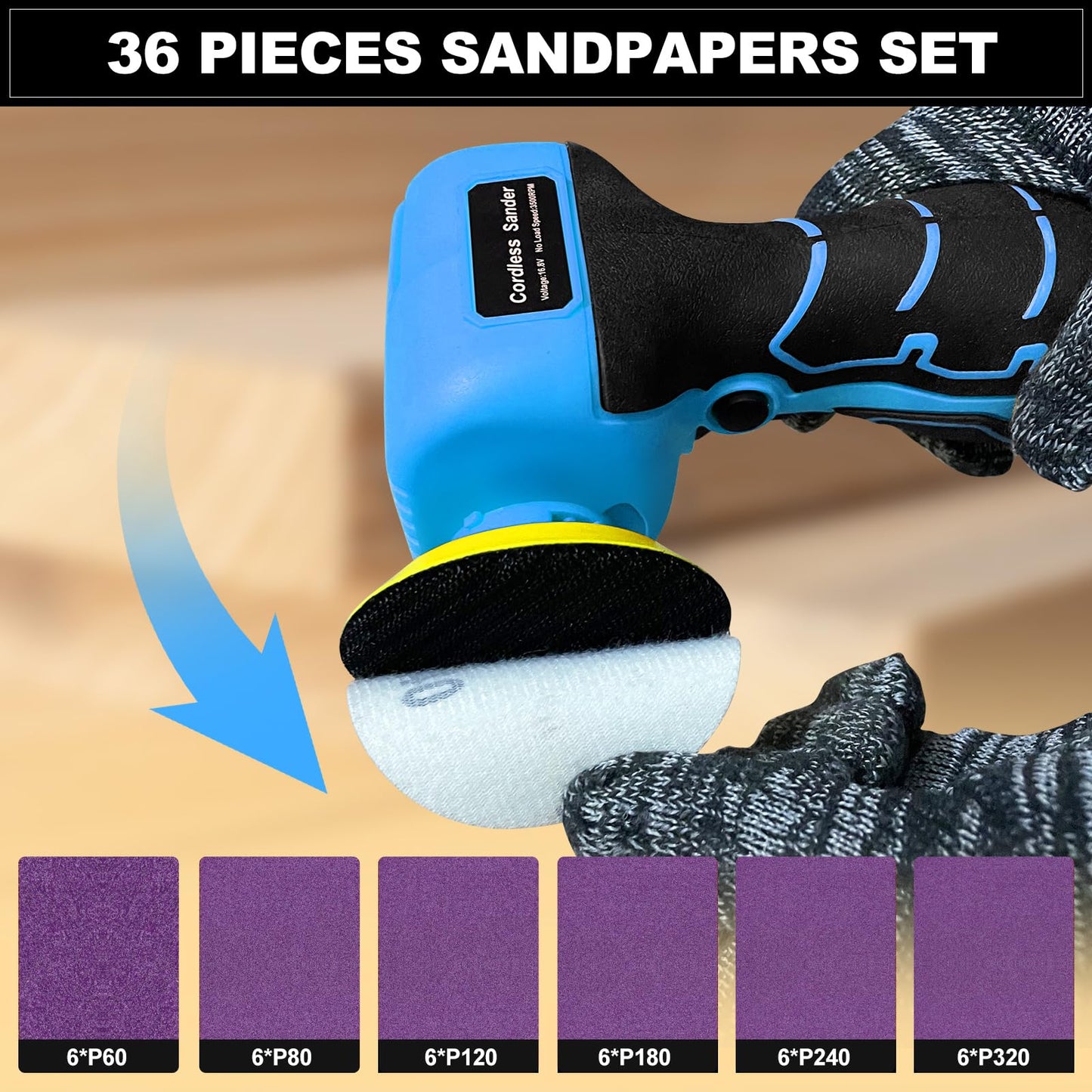 16.8V Cordless Electric Sander with 36PCS Sandpapers, 3500 RPM, 2Pcs 3.0Ah Batteries, Lightweight & Compact Design for Wood, Metal, Paint Removal, and DIY Projects