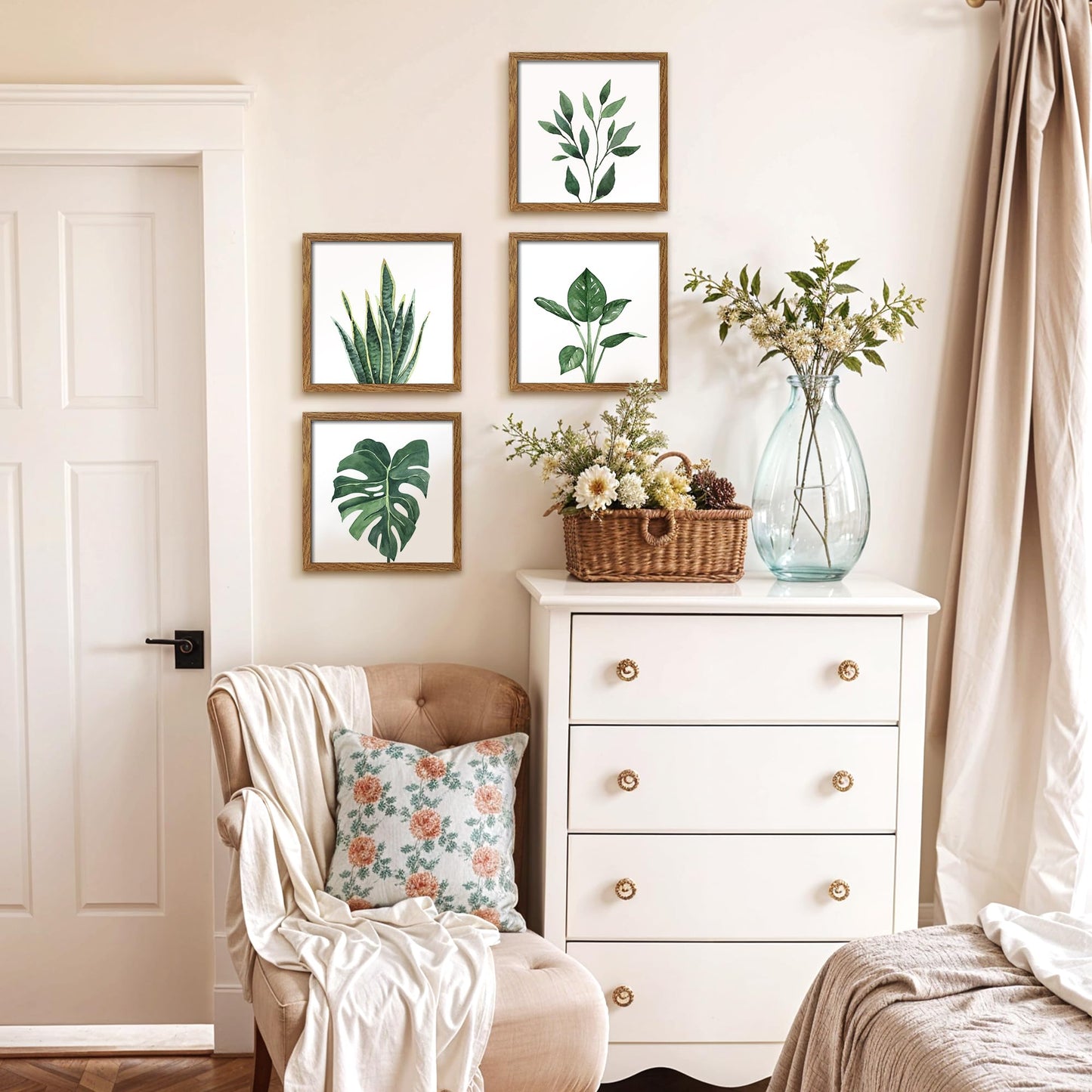 ArtbyHannah Framed Botanical Bathroom Wall Art Decor, 10x10 Inch 4 Pack Acrylic Sage Green Prints Set, for Spa & Farmhouse Decor for Bath, Restroom, Bedroom, Office Decoration (Walnut)