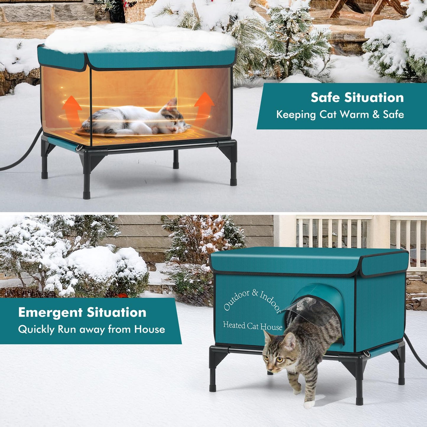 Yeatruojeet Heated Cat House for Outside Cat in Winter, Insulated Outdoor Feral Cat Shelter with Cat Heating Pad, 2 Doors,Elevated Waterproof Heated Kitty House (Blue, 21"x17.5"x18")