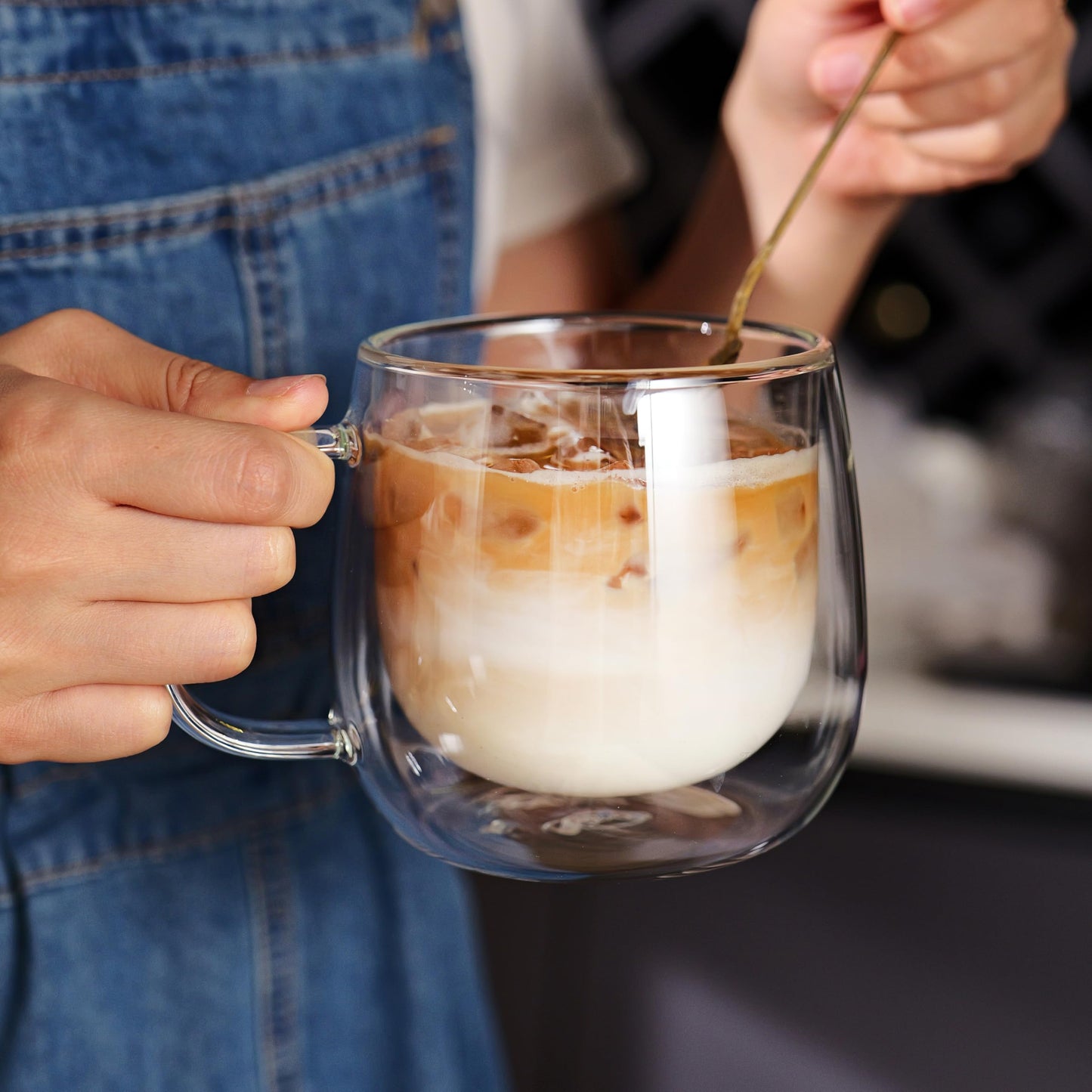 CNGLASS 16oz Double Walled Glass Coffee Mugs(4-Pack),Large Clear Coffee Cups with Handle,Glass Espresso Mugs for Latte,Cappuccino,Tea