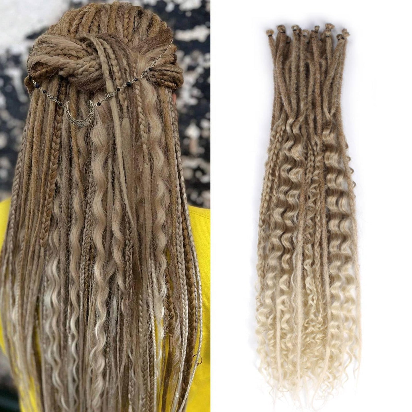 Pouweney 24 Inch 3 In 1 Dreadlock Extensions Sets, 30 Strands Mixed Brown to Blonde Synthetic SE Dreads Extensions, 100% Handmade Soft Single Ended Curly Boho Wavy Dreads for Girls