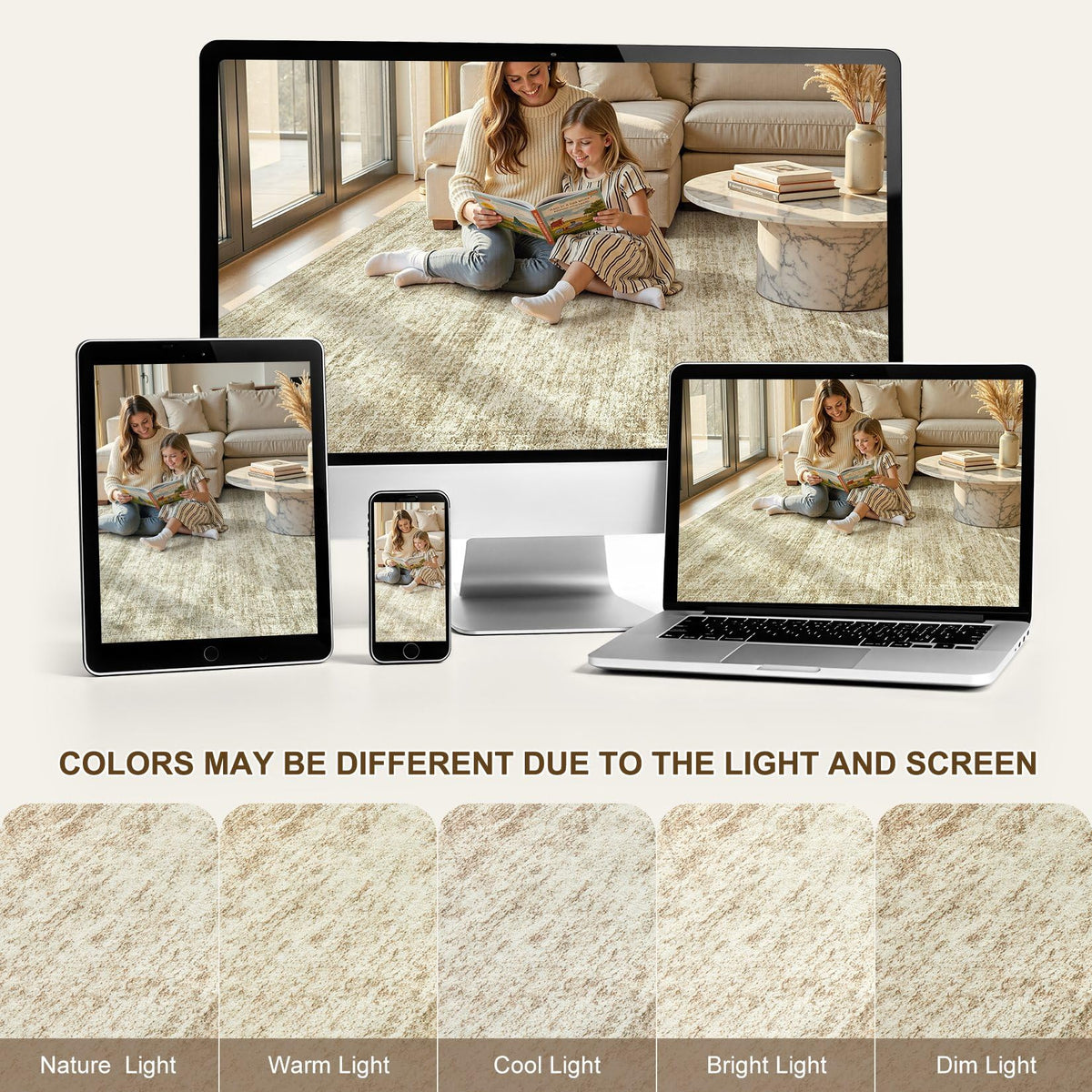 cotiled Large Area Rugs for Living Room 5x7, Machine Washable Rugs with Non Slip Backing Modern Neutral Abstract Rugs Stain Resistant Distressed Carpets for Home Office Decor (5x7 Beige/Brown)