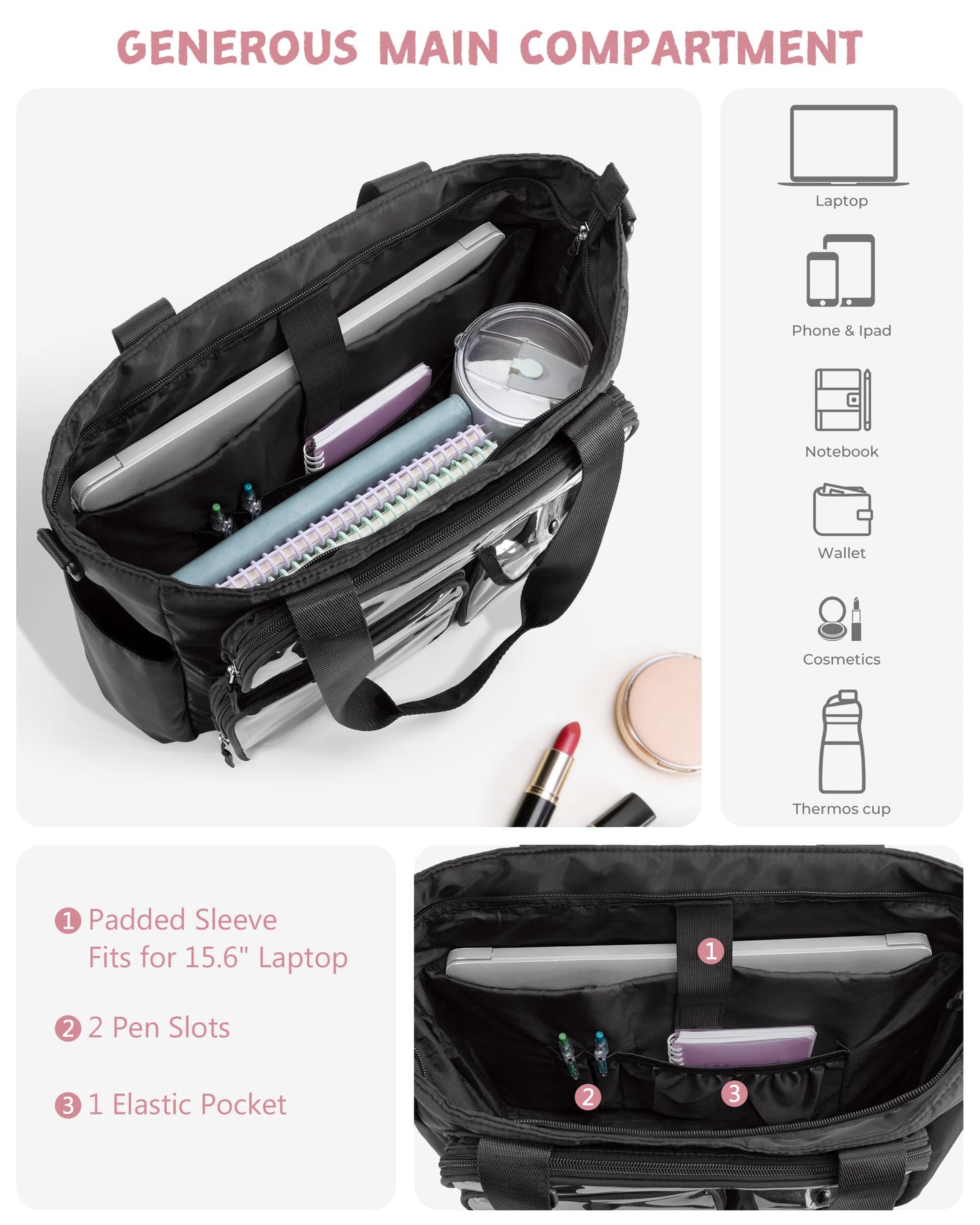Prokva Large Ita Bag with 3 Pockets & 2 Inserts, Kawaii Ita Tote Pin Display Bag for Anime Kpop Fans, Versatile Messenger Bag, Black, Handbag (Pins NOT Included)