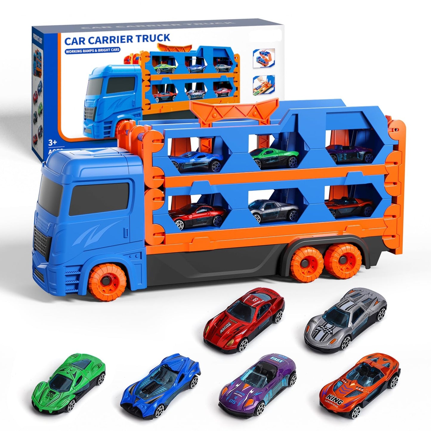 Toddler Toys for 3 4 5 6 Years Old Boys, Die-Cast Transport Truck Car Toys 61-Inch Race Track for Boys Kids, Toddler Car Toys Set for Kids Boy Girls