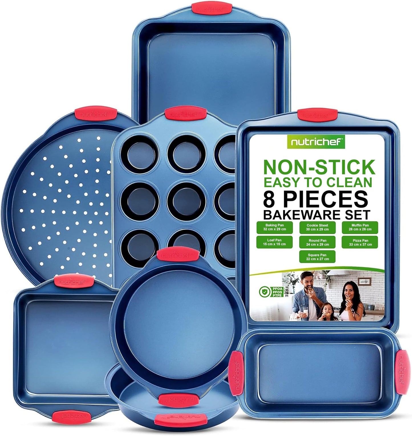 NutriChefKitchen 8-Piece Nonstick Bakeware Set - PFOA, PTFE-Free Carbon Steel Baking Trays w/Heatsafe Silicone Handles, Oven Safe Up to 450°F, Pizza Loaf Muffin Round/Square Pans, Blue, NCSBSBL8