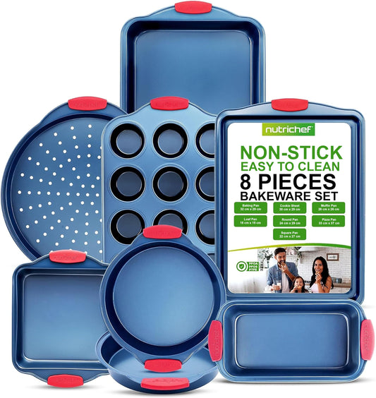 NutriChefKitchen 8-Piece Nonstick Bakeware Set - PFOA, PTFE-Free Carbon Steel Baking Trays w/Heatsafe Silicone Handles, Oven Safe Up to 450°F, Pizza Loaf Muffin Round/Square Pans, Blue, NCSBSBL8