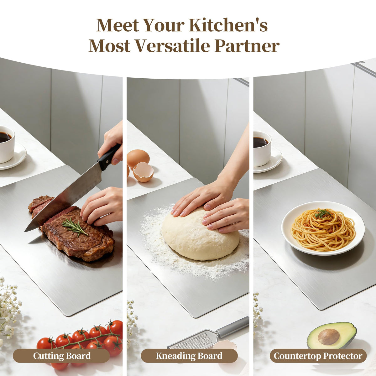 Stainless Steel Cutting Board Set, 2 Pack Kitchen Metal Chopping Board Set with Counter Lip Dishwasher Safe for Meat, Fish, Vegetables, Fruits, Bread & Pastry (40 x 30cm/ 16 x 12 in)