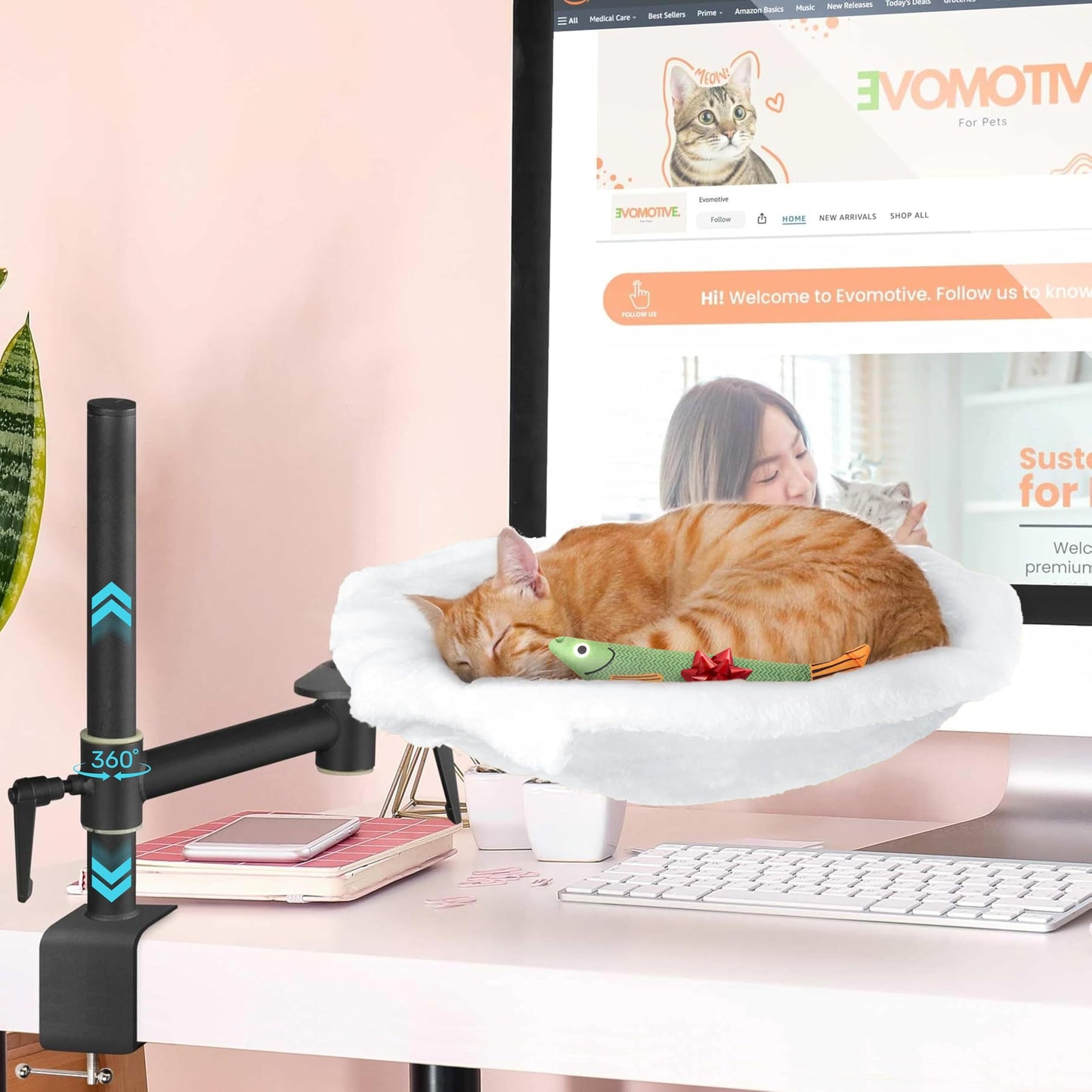 EVOMOTIVE Deskside Dreamer - Cat Desk Perch, [+ Catnip Fish Toy], Comes with [2 Washable Fabrics]: Mesh and Plush, 360° Rotating & Height Adjustable [White]. Max Weight 35LBS