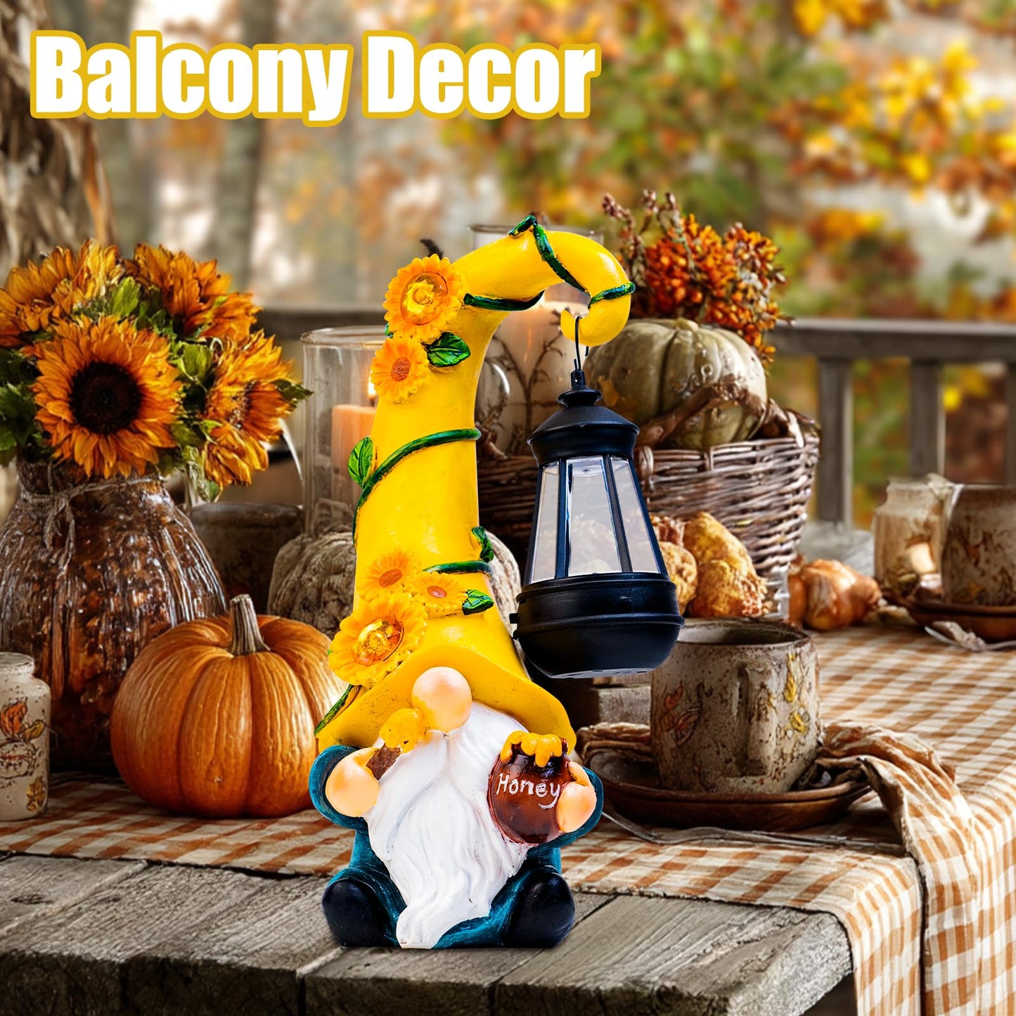 twinbling Birthday Gifts for Mom Grandma 12" Solar Fall Gnome Sunflower Garden Statues Honey Bee Jar Decor with LED Lantern Outdoor Summer Gnomes Decorations Patio Yard Balcony Art Gifts for Women