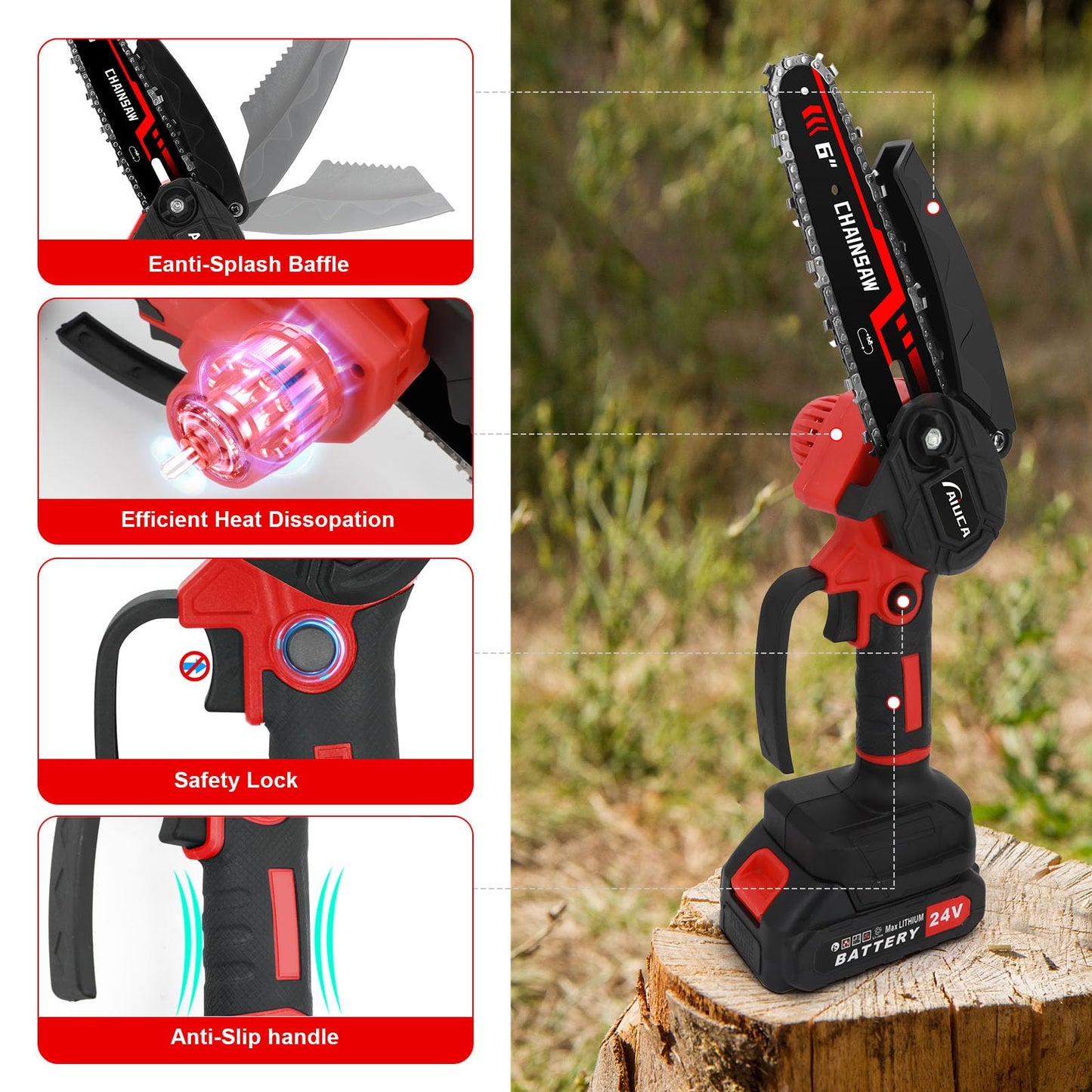 6-Inch Mini Chainsaw, Cordless Handheld Electric Chainsaw with 2X 24V 4000mAh Batteries & 2 Chains, Lightweight & Portable, for Tree Trimming, Wood Cutting, Gardening, Outdoor & Household Use