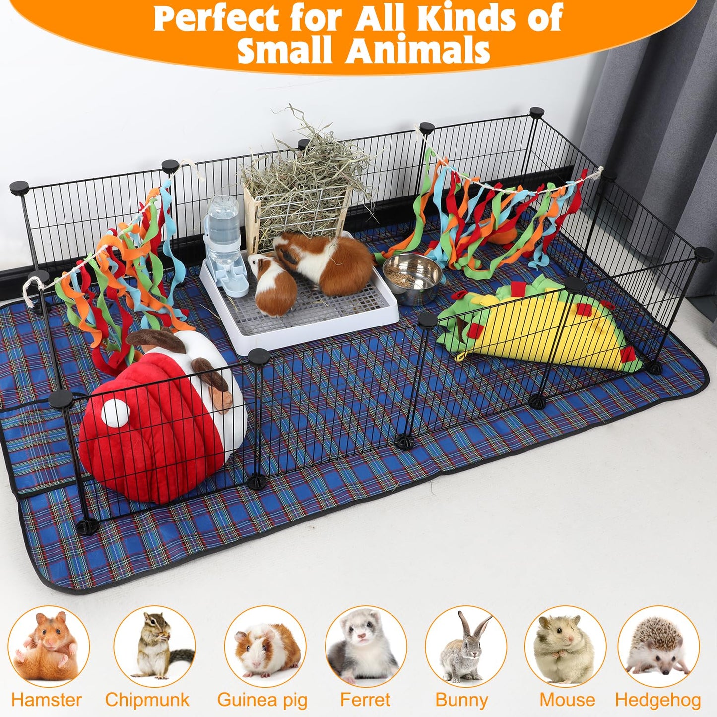 FHTONGE Large Guinea Pig Cage Habitat with 2 Pcs Waterproof Bedding, 8Sq Ft Guinea Pig Playpen with Mat, Metal Small Animal Playpen with Mat for Hamster Hedgehog Dwarf Rabbit (12 x Cage Panels)