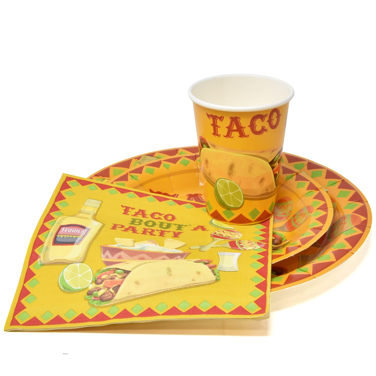 Gift Boutique - Taco Party Set Serves 24, Includes 9" Dinner Plates, 7" Dessert Plates, 9 Oz Cups, and 13" x 13" Napkins