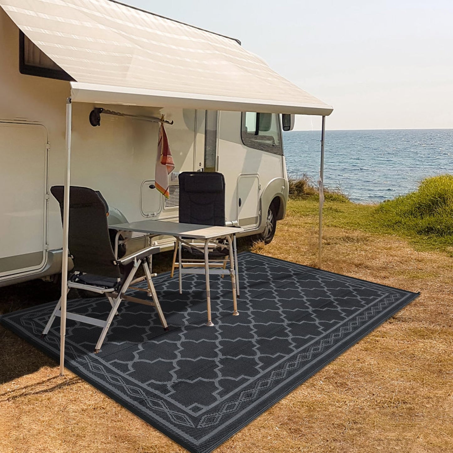 Garvee Morocco Outdoor Plastic Straw Rug 6'x9', Patio Rugs for Camping, Reversible Outdoor Carpet for RV, Waterproof Geometric Mat for Picnic, Deck Balcony Porch Backyard,Black & Grey