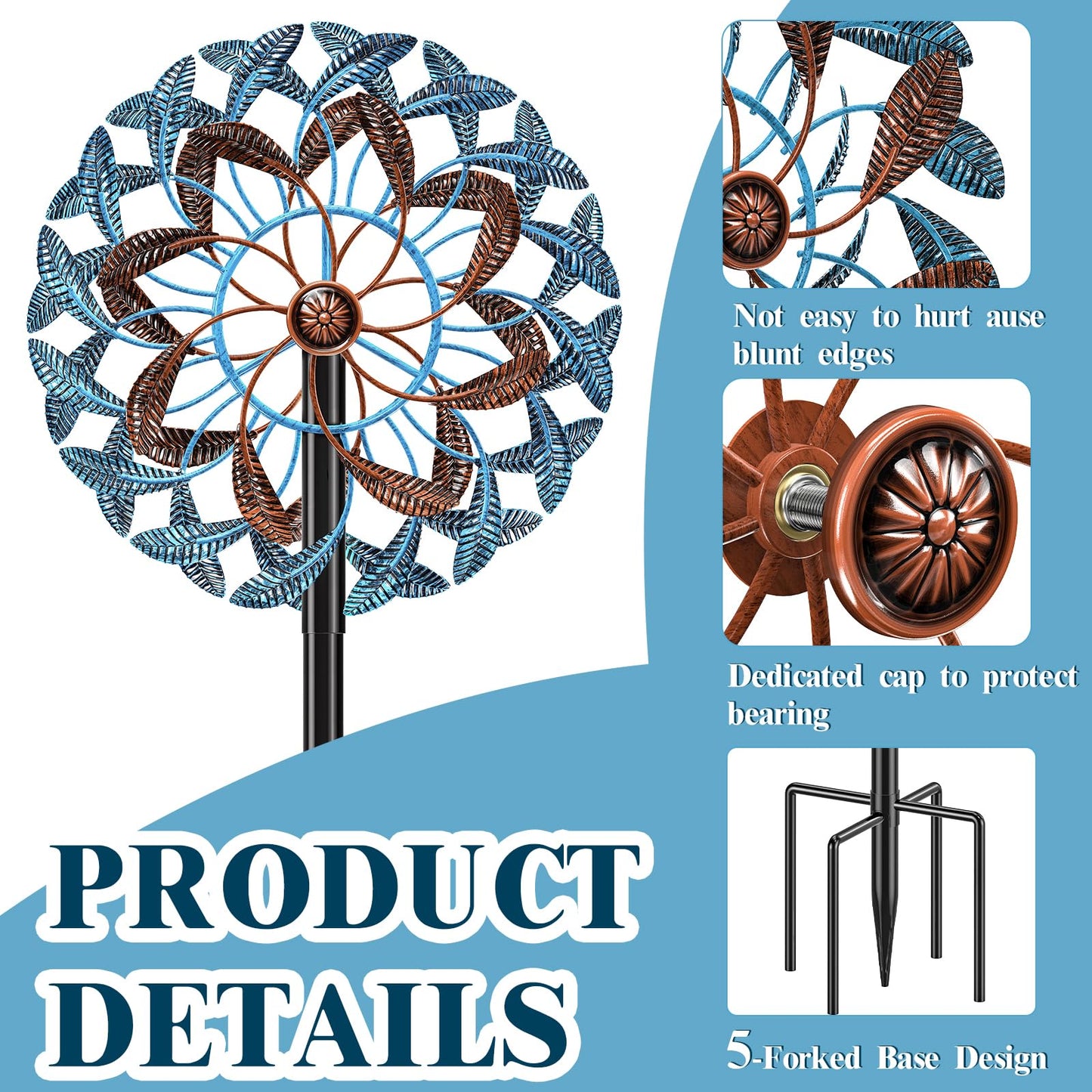 360° Wind Spinners Outdoor, Wind Sculptures Windmill with Metal Stake, Kinetic Large Metal Yard Art Decor Spinners Pinwheels for Garden Outside Patio Lawn, 63.2 * 13.2" (Blue+Brown)