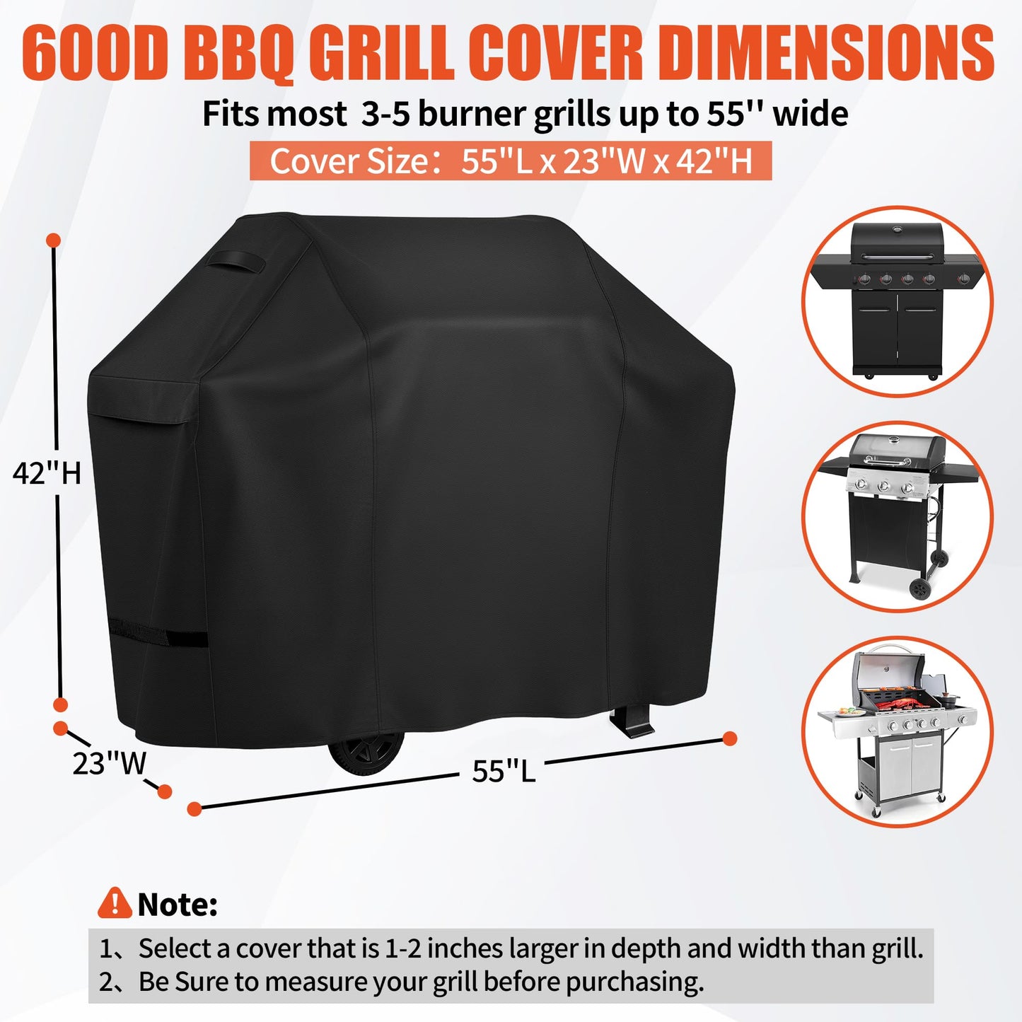 iCOVER Grill Cover 55in, 600D Heavy Duty with Mesh Air Vent, Waterproof Barbecue Gas Smoker Cover, UV and Fade Resistant, Fits Weber Char-Broil Nexgrill Brinkmann and More