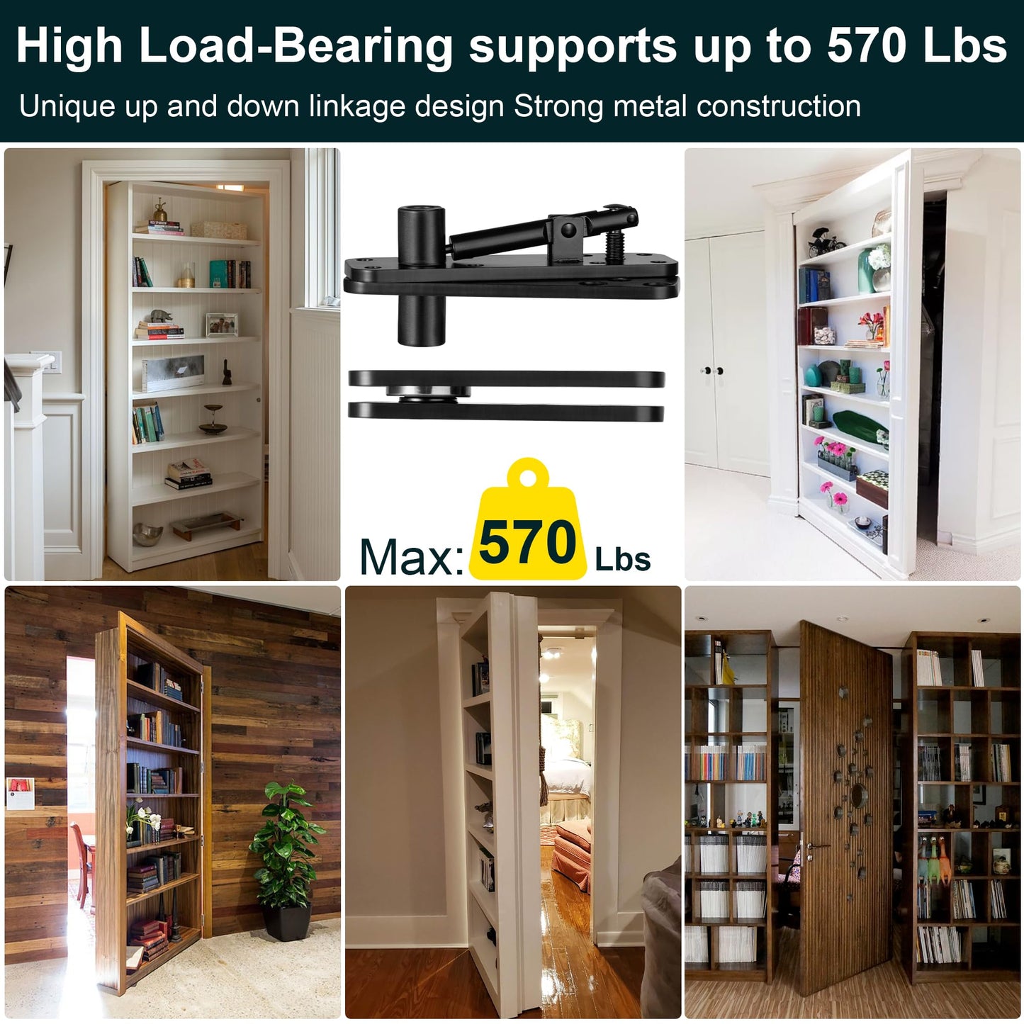 Hidden Door Hinge,Heavy Duty Pivot Hinge,570Lbs Load-Bearing,Solid Stainless Steel,Swinging 360°Rotation,Hidden Hardware/System for Secret Door or Concealed Bookcase with 2 Drills