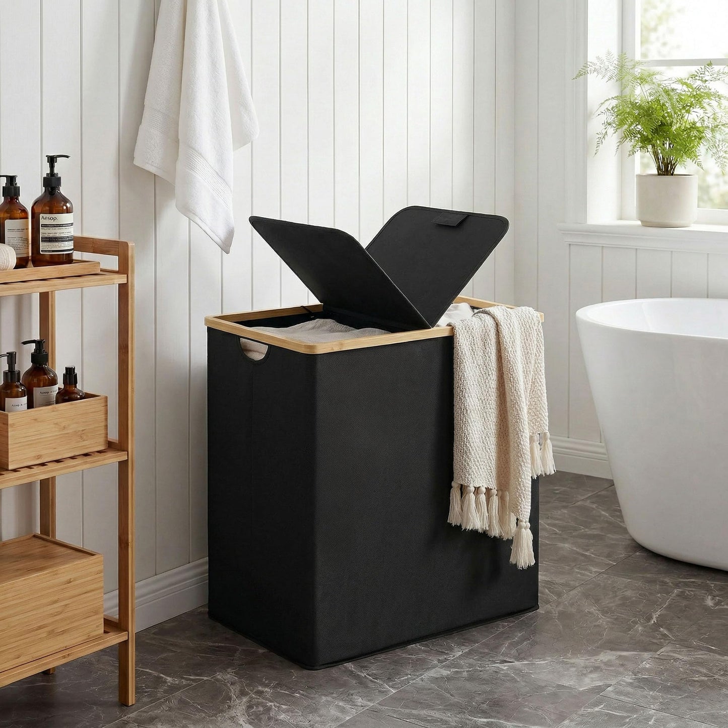 efluky Laundry Hamper with Lid, Double Laundry Basket with 2 Removable Bags, 2 Section Laundry Bin with Bamboo Handles for Bathroom, Bedroom & Laundry Room, 140L (36.9 Gallon) Black