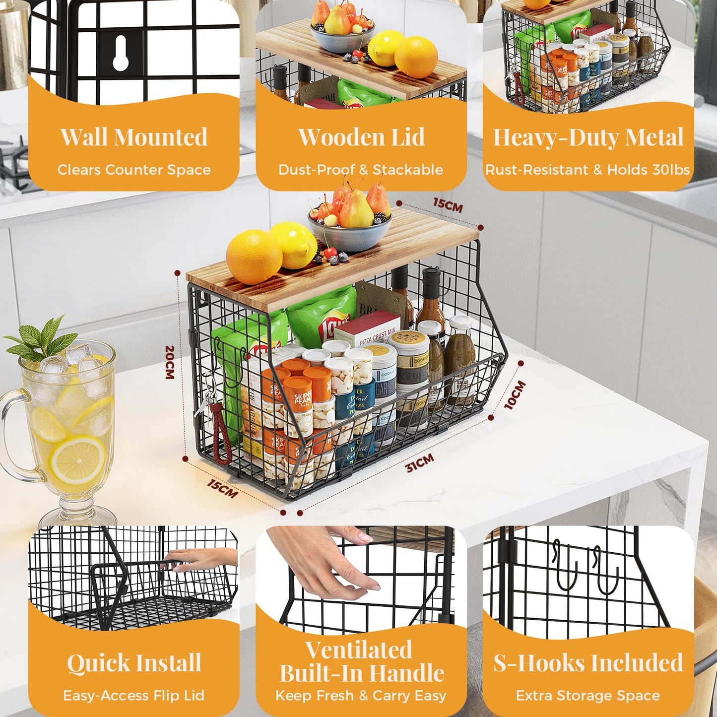 SUNALLY Hanging Fruit Basket for Kitchen Counter Organizing Wire Wall Mounted Baskets Under Cabinet Fruit and Vegetable Produce Storage Organizer Wood Lid Potato and Onion Holder with Hooks, 2 Pack