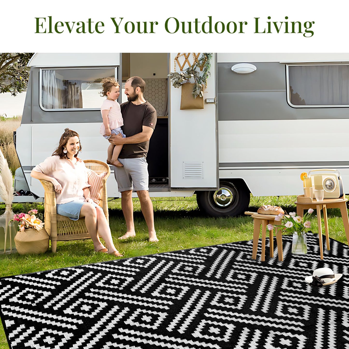 OPPODREAM Outdoor Rug 5x7 Ft, Waterproof Outdoor Plastic Straw Rug for Patio, Reversible Out Door Carpet for Camping, Deck, Rv, 5 x 7 Area Carpet Balcony, Porch, Backyard, Black and White