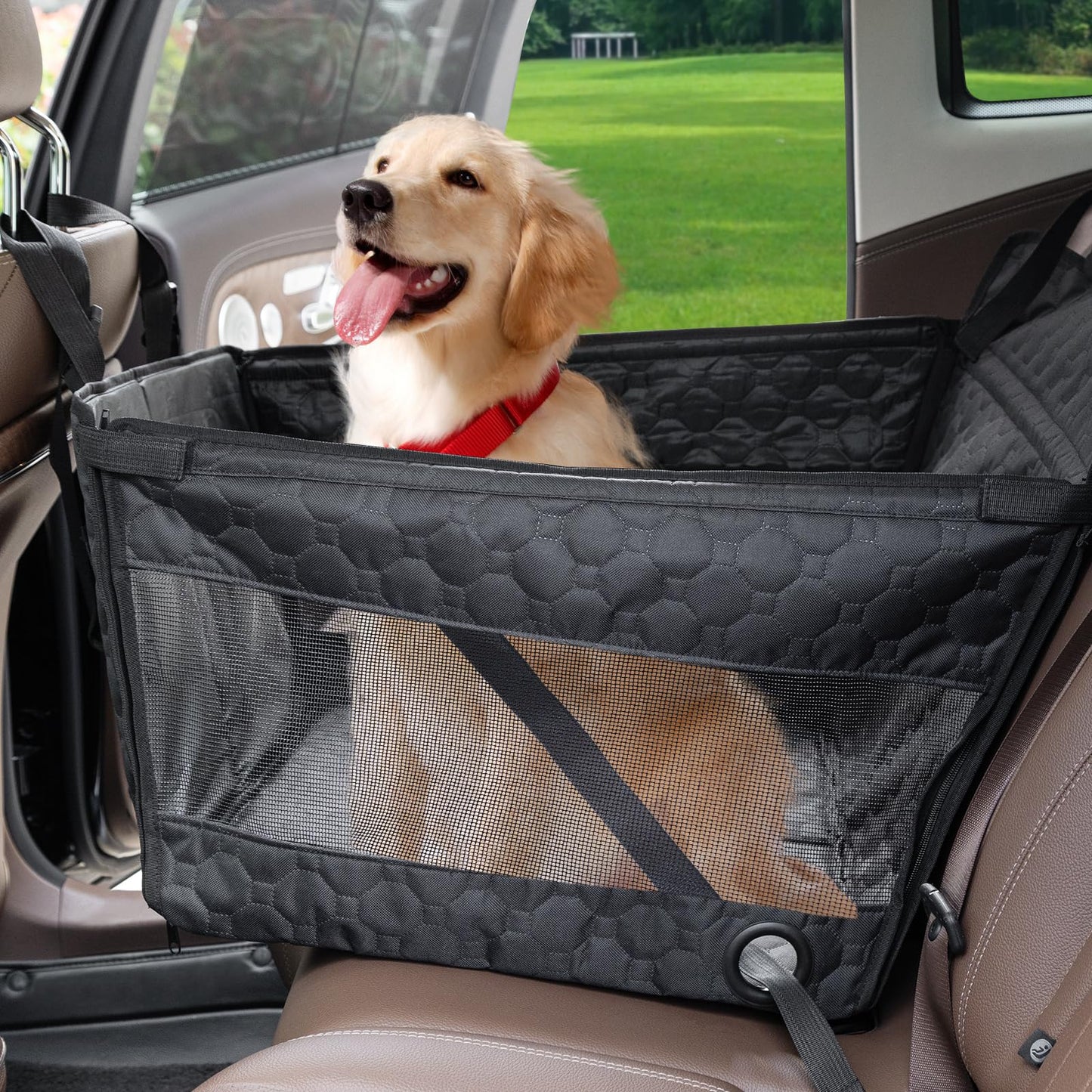 Prpeko Dog Car Seat for Large Dogs,Waterproof Fabric with Breathable Mesh&Adjustable DogSeat Belt for Car, Dog Bed for Back Seat Up to 40 LB-Medium