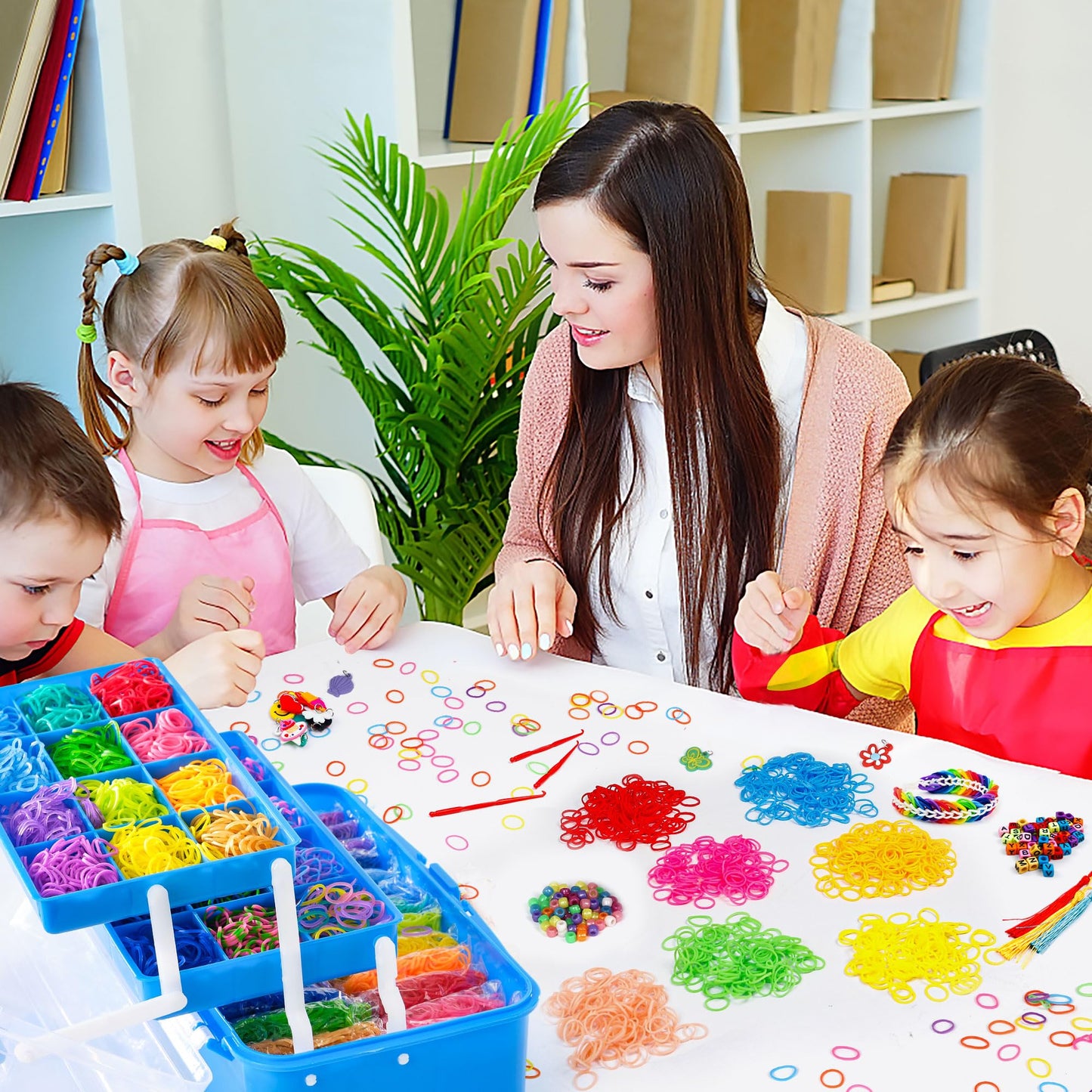 17500+ Rubber Loom Bands with 3 Layer Deep Blue Container, 28 Colors, 600 S-Clips, 352 Beads, 40 Cartoon Pendant, Bracelet Making Refill Kit for Kids
