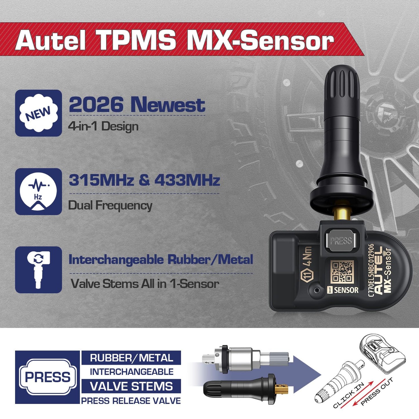 Autel TPMS MX Sensor 315Mhz/ 433Mhz 2in1 Tire Sensor, OE Level Press-Release Universal TPMS Sensors 100% Cloneable by TPMS Tool TS408 TS501 PRO TS508 TS508WF MS906TS MS906 PRO-TS (1PCS Metal Stem)