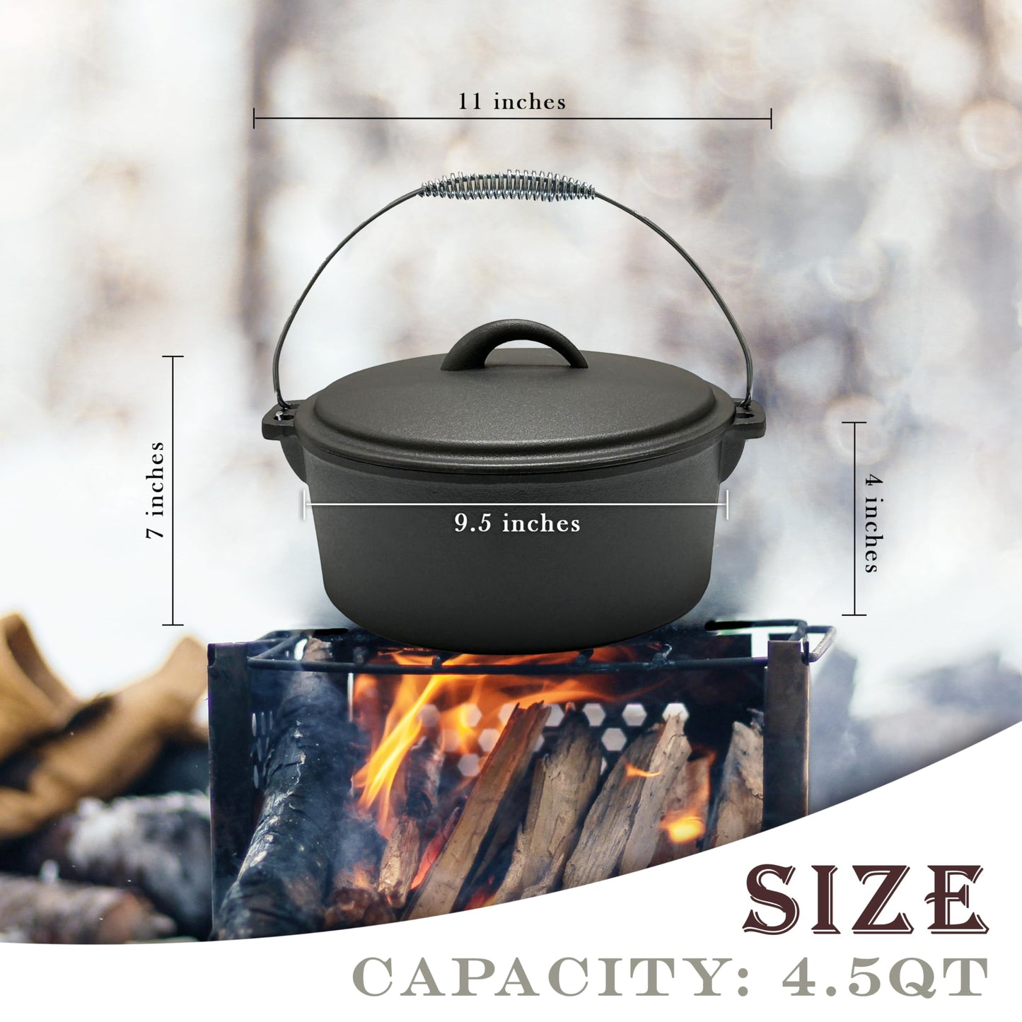 Cuisiland 4.5QT Cast Iron Dutch Oven with Dome Lid & Bail Handle – Pre-Seasoned Campfire Pot for Outdoor Cooking, Baking, Braising & Stews – Heavy-Duty, Even-Heat Casserole Pot for Camping & Home Use
