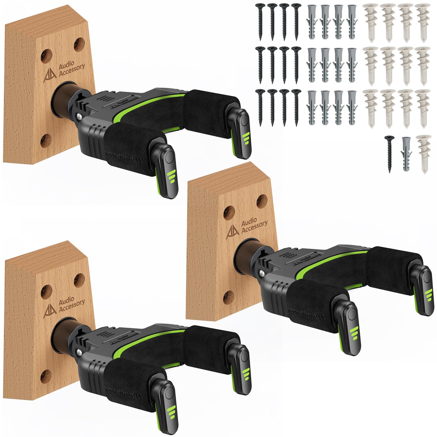 AA AUDIO ACCESSORY Auto Lock Guitar Wall Mount 3-Pack, Reinforced 4-Screw Base, Locking Guitar Hanger for Heavy Bass, Electric, Acoustic Guitar, Soft Velvet Contact Surface to Protect Nitro Lacquer
