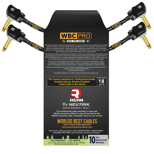 2 Units - 6 Inch - WBC-PRO-Pedal – 22 AWG - Low-Cap (18pF/ft) – Pro-Grade – Graphite-Based - Dual-Shielded Pedal, Effects, Patch, Instrument Cable with Neutrik-Rean Gold Plated Pancake TS Connectors