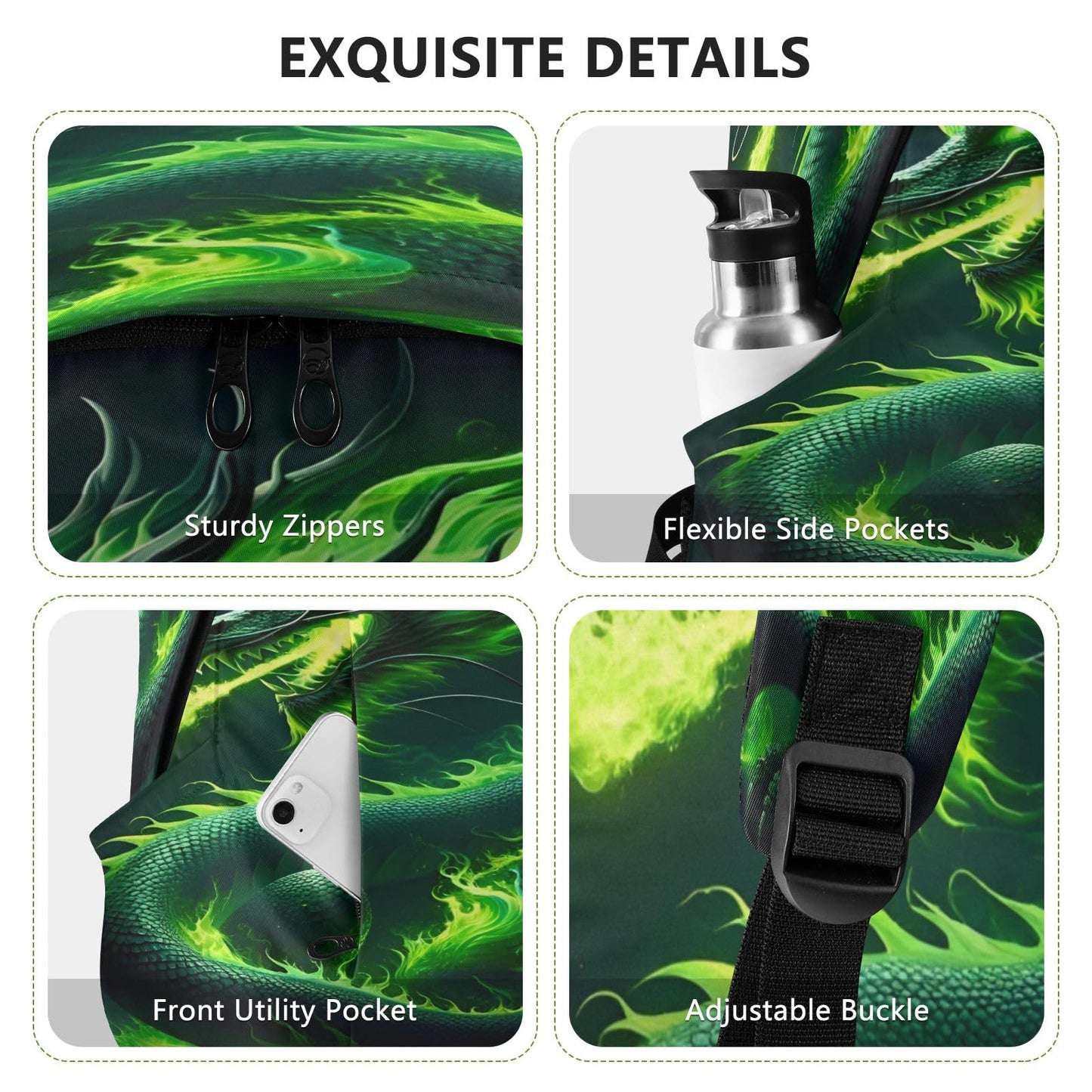 Green Fire Dragon Travel Backpack for Women Men Laptop Backpack College Bookbag Large Capacity Computer Backpacks for Work Travel, Green Fire Dragon, One Size