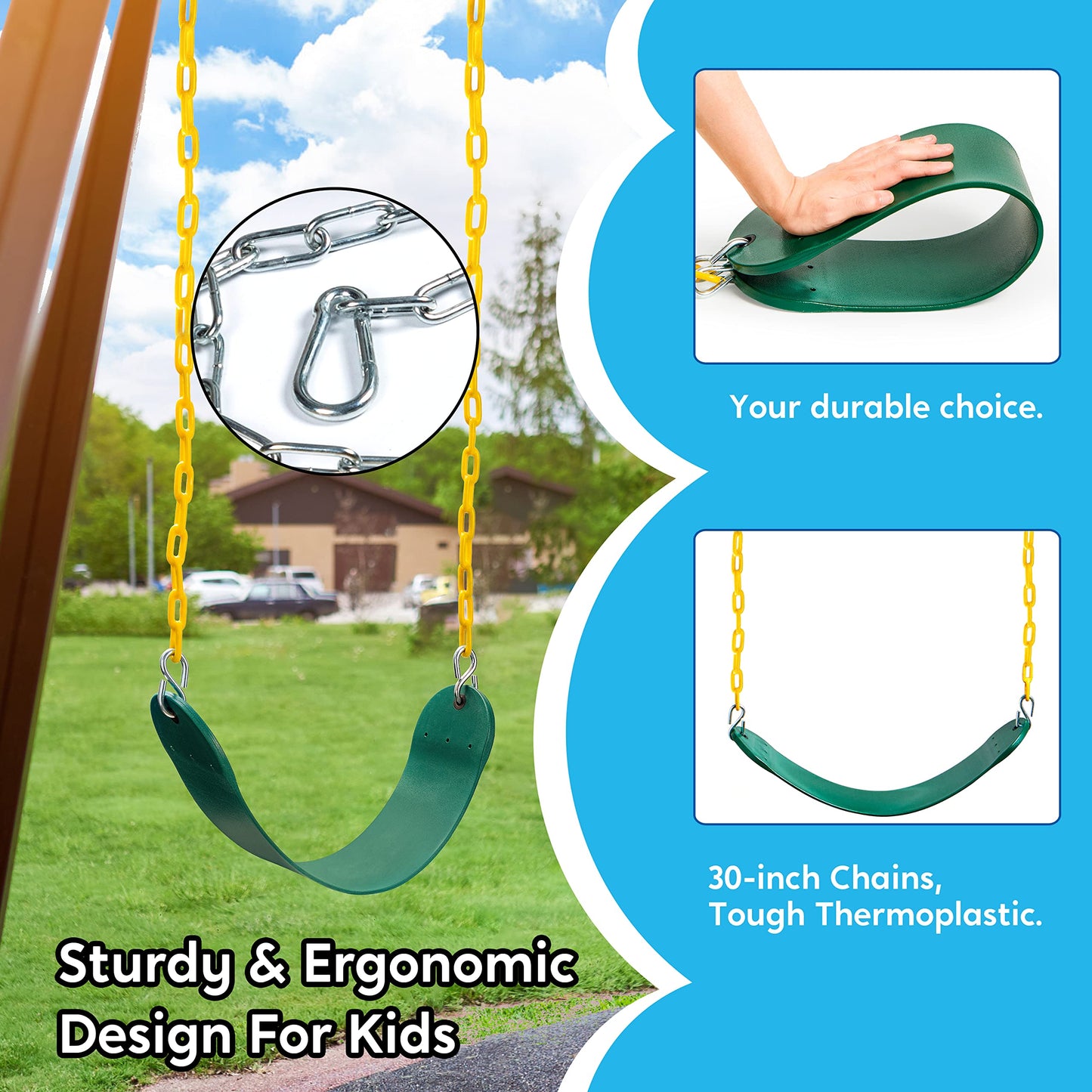 TURFEE Heavy Duty Swing Seat Green Color with 66” Chain, Swing Set Accessories Replacement with Snap Hooks for Kids Outdoor Play Playground Swing, Trees, Swing Set